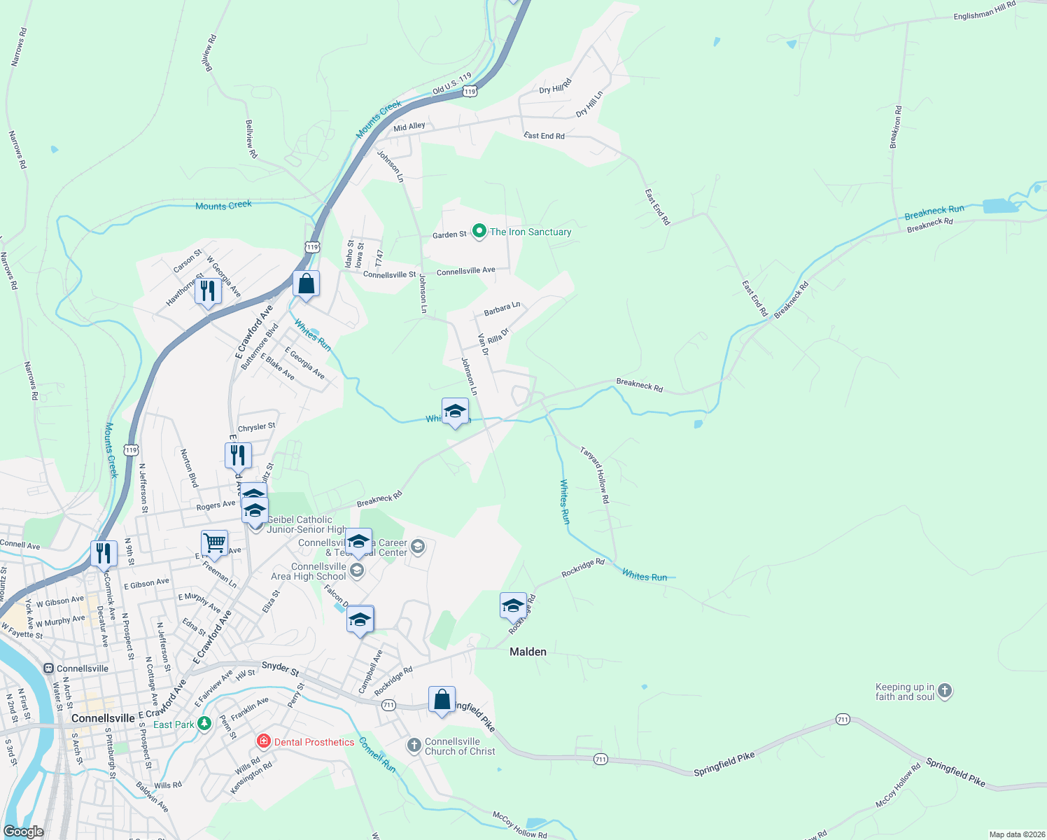 map of restaurants, bars, coffee shops, grocery stores, and more near 420 Breakneck Rd in Connellsville