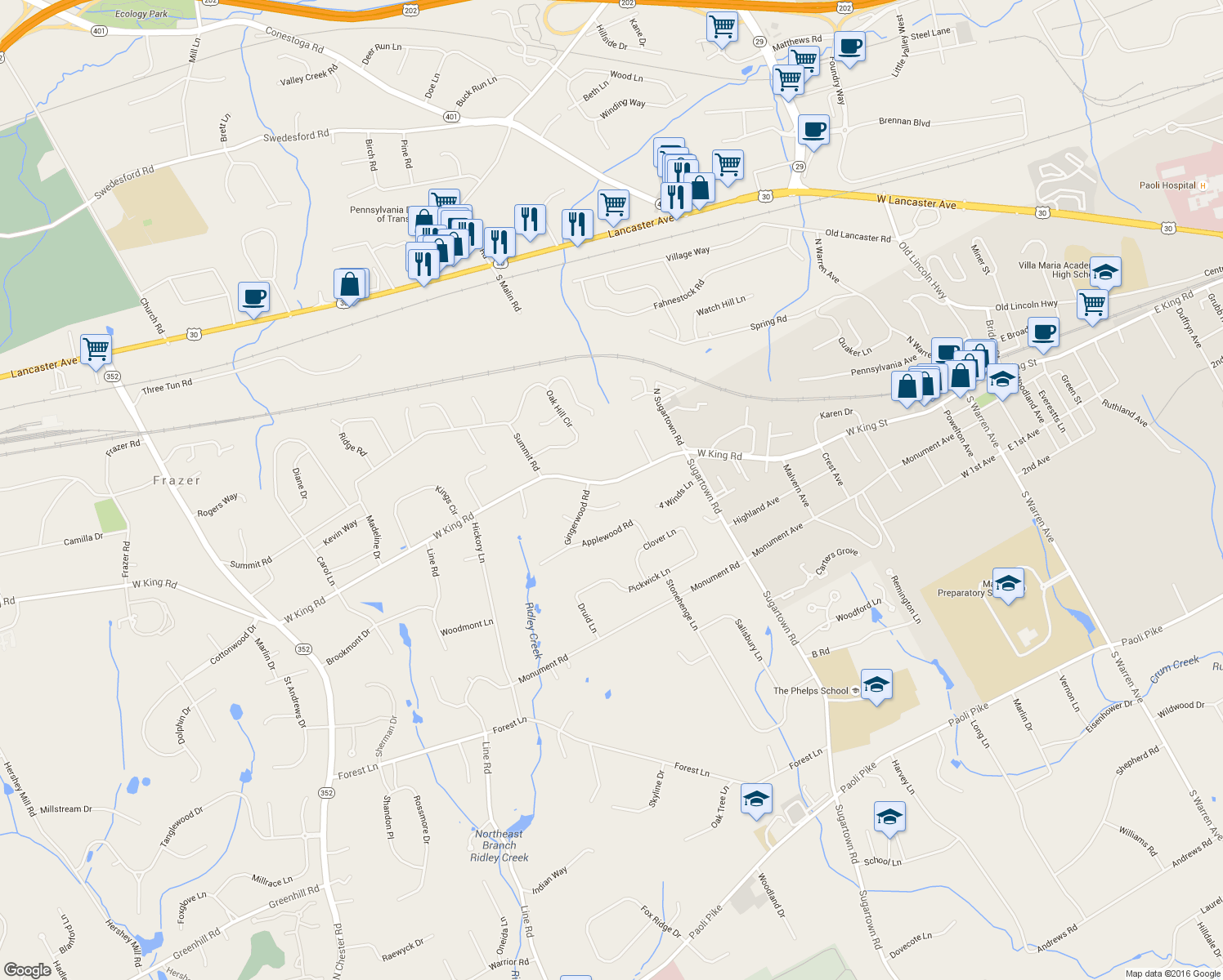 map of restaurants, bars, coffee shops, grocery stores, and more near 818 West King Road in Malvern