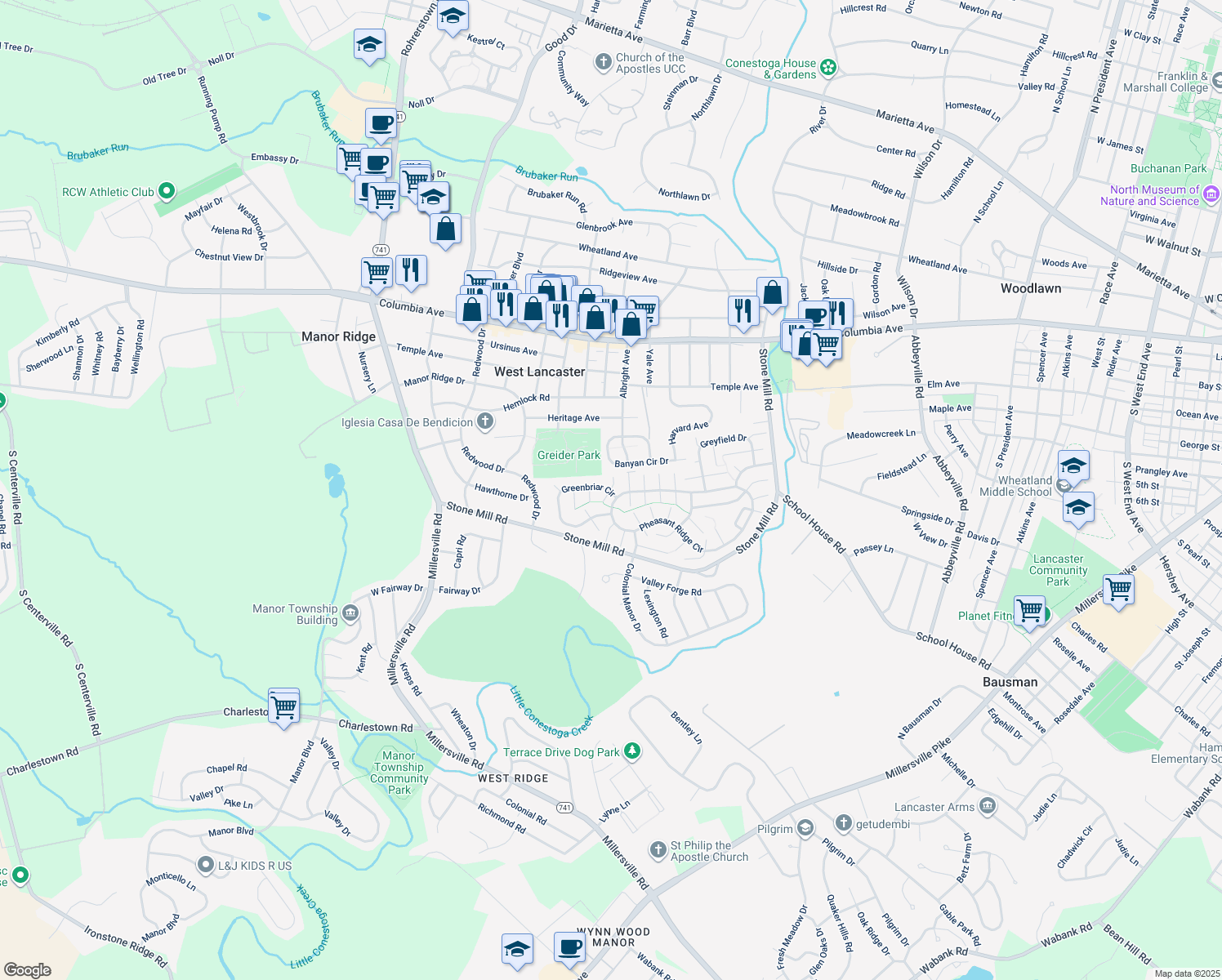 map of restaurants, bars, coffee shops, grocery stores, and more near 206 Bent Pine Court North in Lancaster