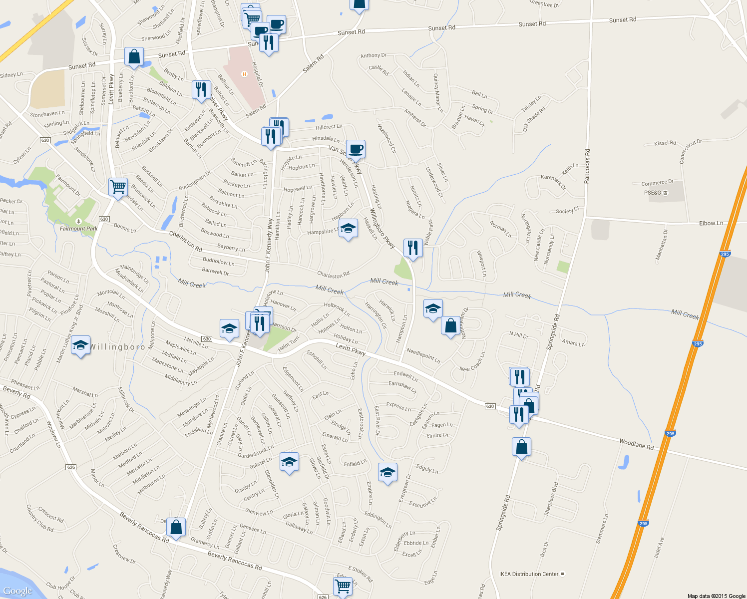 map of restaurants, bars, coffee shops, grocery stores, and more near 47 Harwick Lane in Willingboro