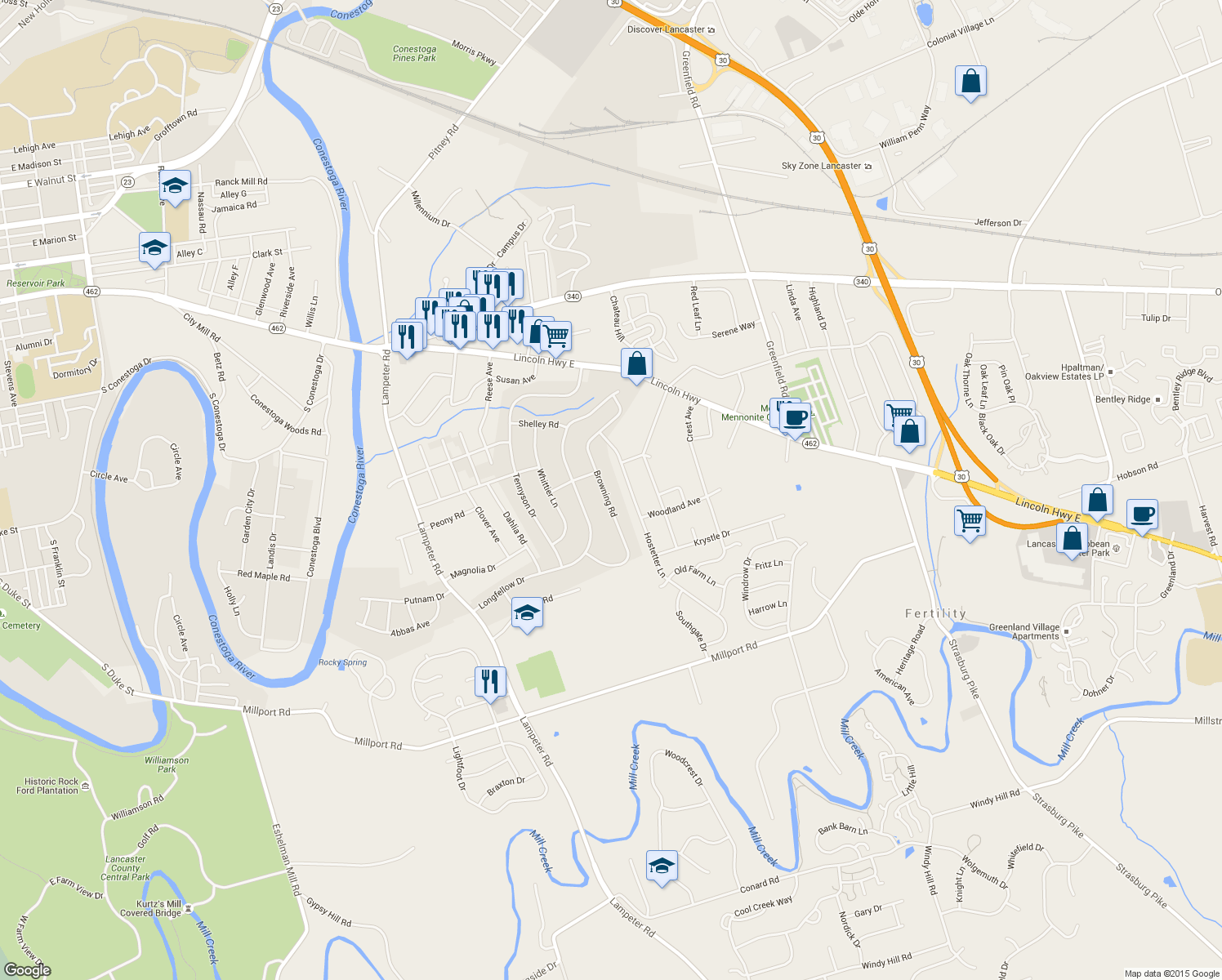 map of restaurants, bars, coffee shops, grocery stores, and more near 223 Browning Road in Lancaster