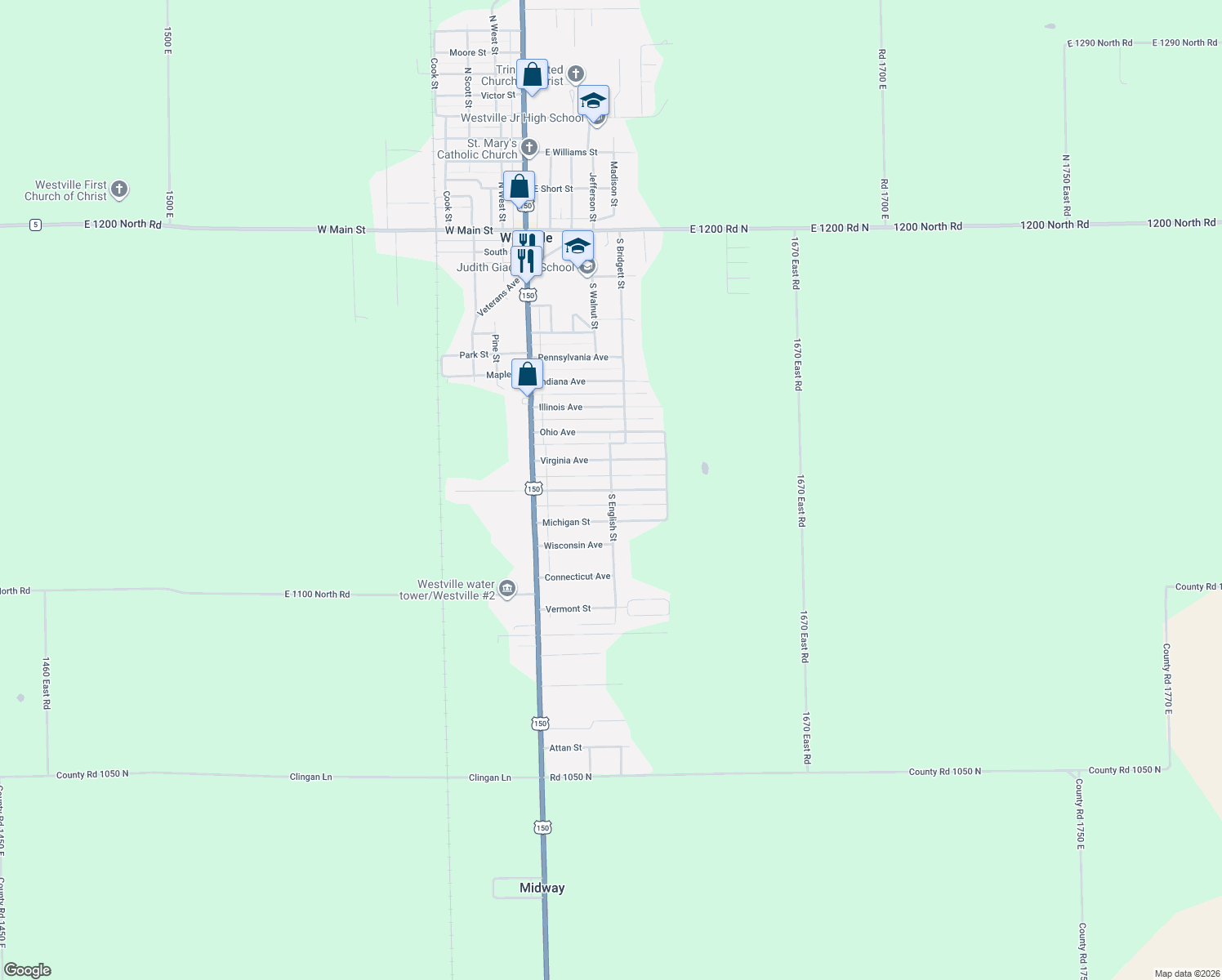 map of restaurants, bars, coffee shops, grocery stores, and more near 398 Kentucky St in Westville
