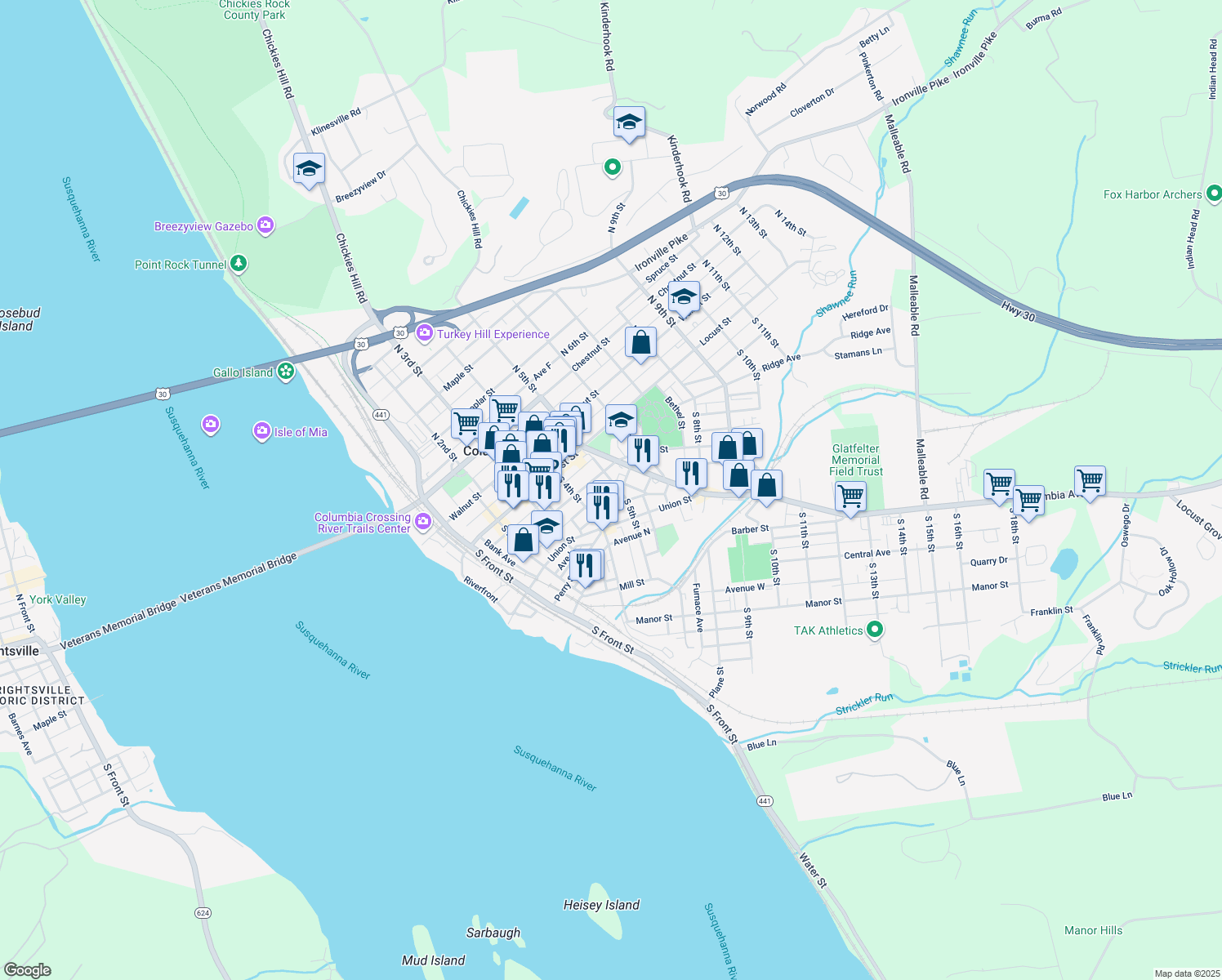 map of restaurants, bars, coffee shops, grocery stores, and more near 132 South 5th Street in Columbia