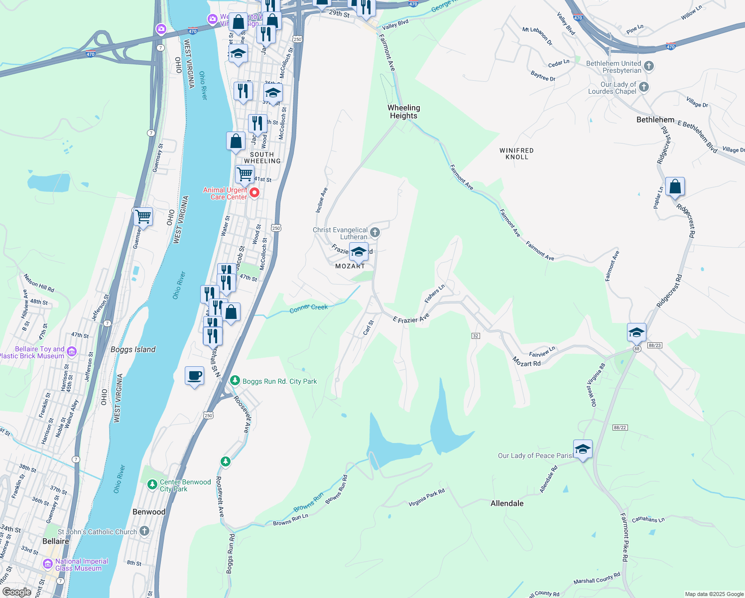 map of restaurants, bars, coffee shops, grocery stores, and more near 39 South Frazier Avenue in Wheeling