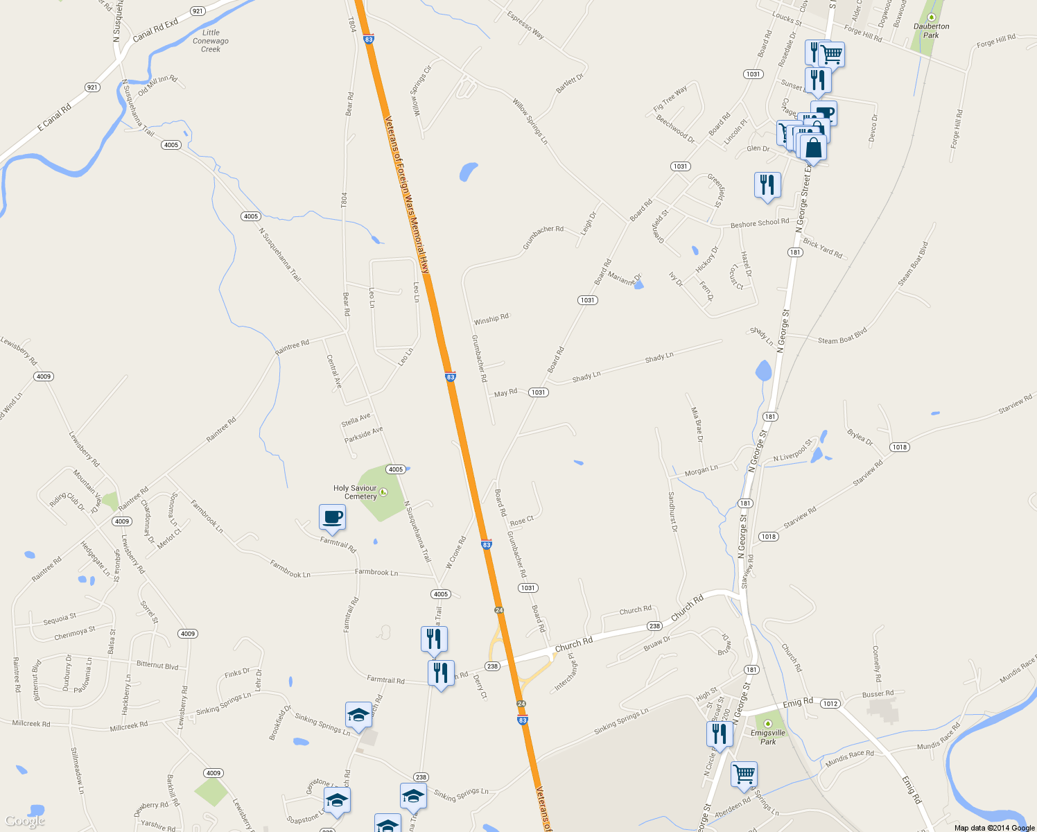 map of restaurants, bars, coffee shops, grocery stores, and more near 3570 Board Road in York