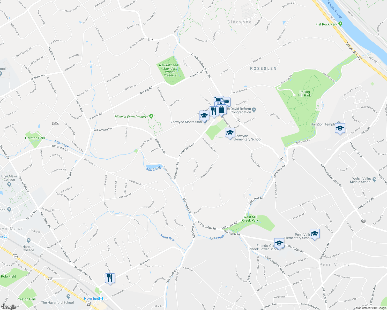 map of restaurants, bars, coffee shops, grocery stores, and more near 249 Glenmoor Road in Gladwyne