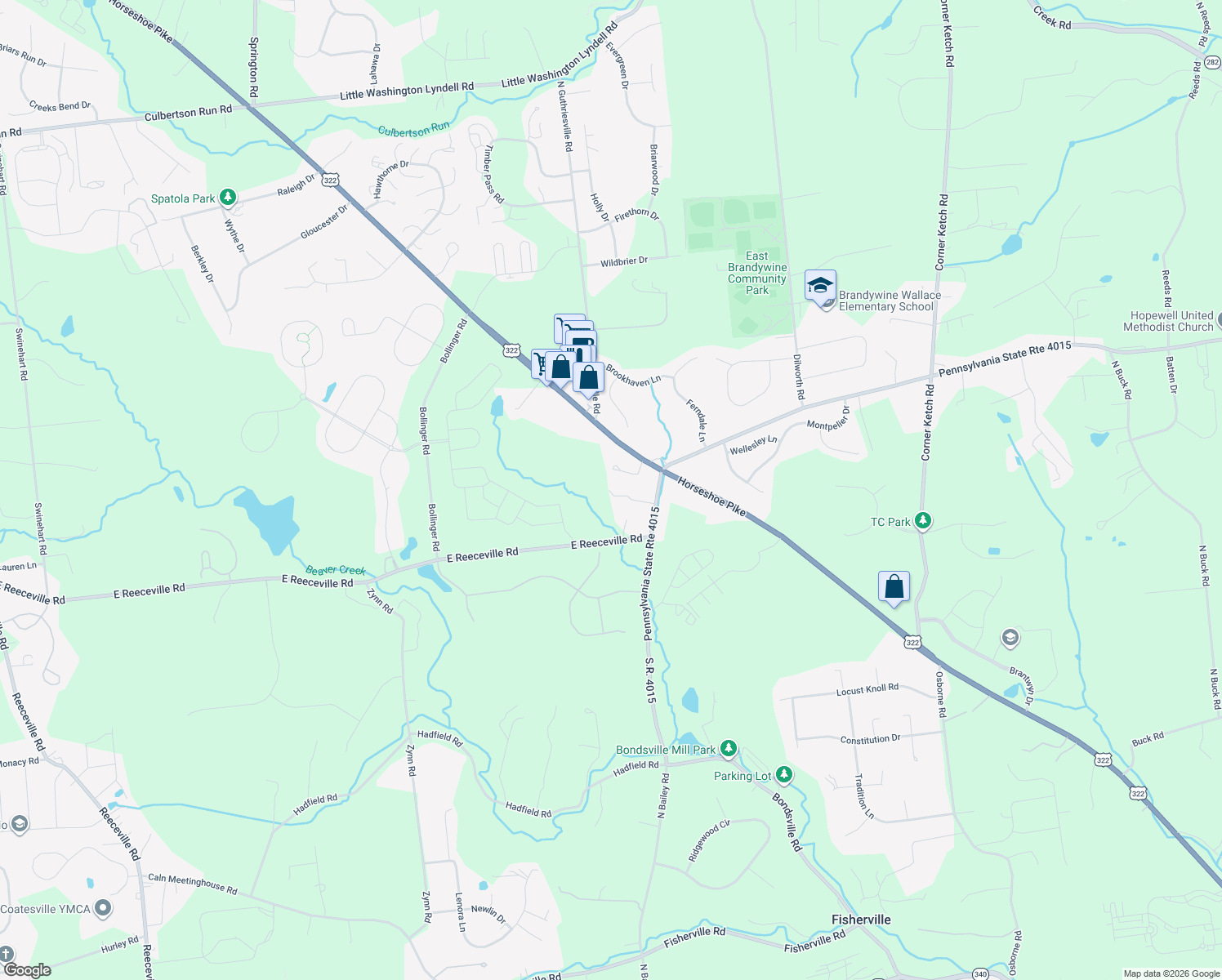 map of restaurants, bars, coffee shops, grocery stores, and more near 2092 Bondsville Road in Downingtown