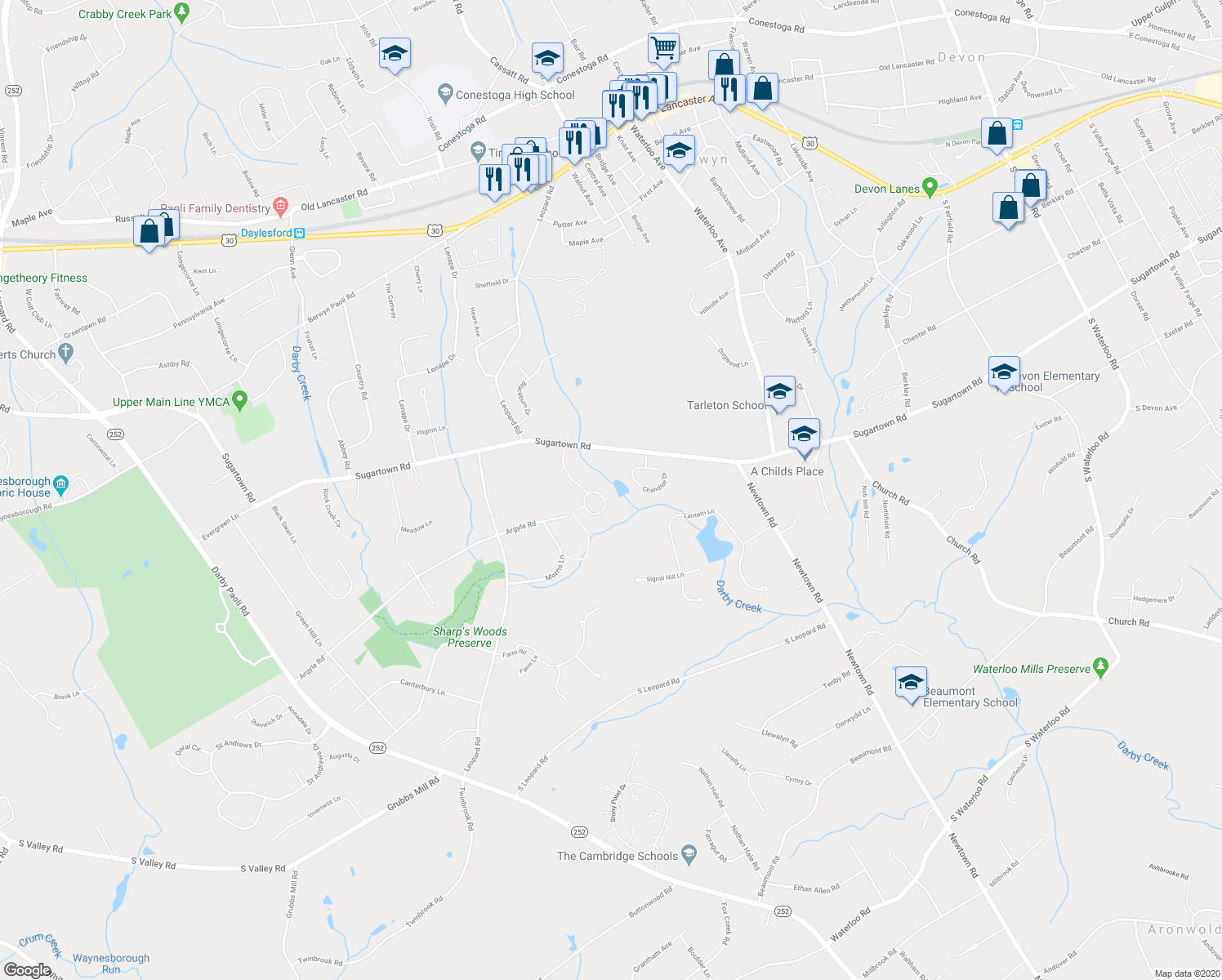 map of restaurants, bars, coffee shops, grocery stores, and more near 437 Waynesbrooke Rd in Chester