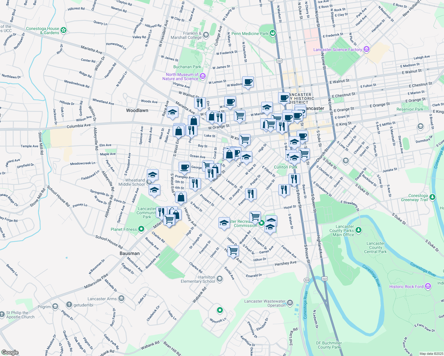 map of restaurants, bars, coffee shops, grocery stores, and more near 706 Manor Street in Lancaster