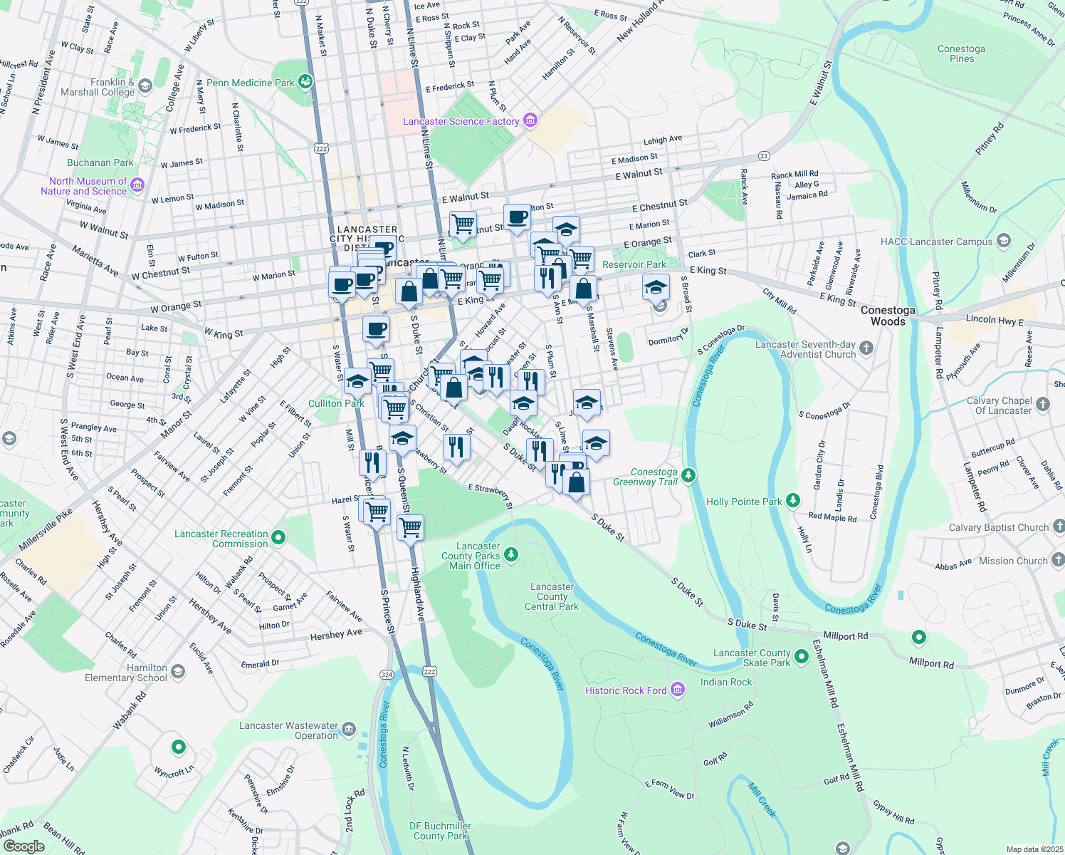map of restaurants, bars, coffee shops, grocery stores, and more near 629 Rockland Street in Lancaster
