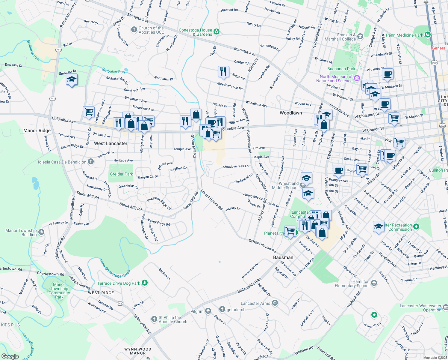 map of restaurants, bars, coffee shops, grocery stores, and more near 1334 Belle Valley Road in Lancaster