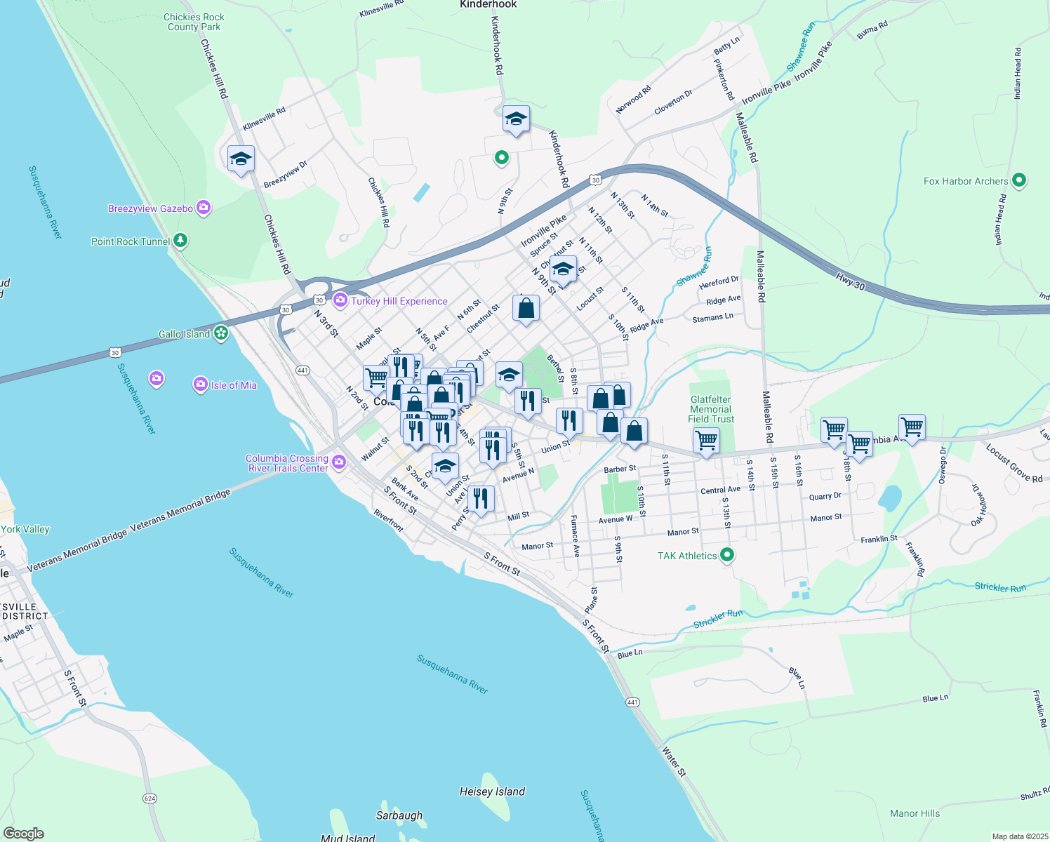 map of restaurants, bars, coffee shops, grocery stores, and more near 142 Lancaster Avenue in Columbia