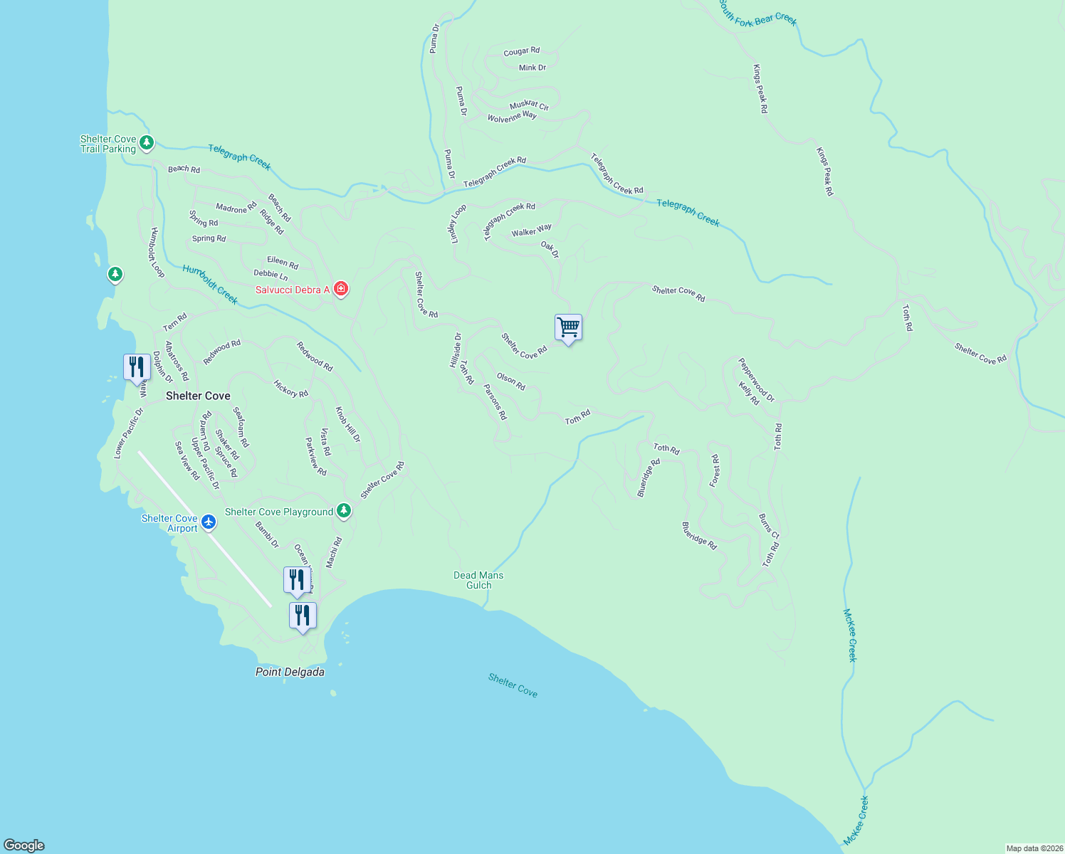 map of restaurants, bars, coffee shops, grocery stores, and more near 2664 Toth Road in Whitethorn