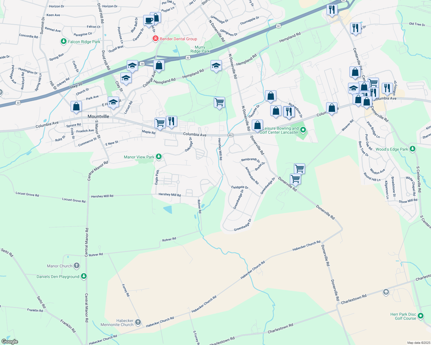 map of restaurants, bars, coffee shops, grocery stores, and more near 329 Hershey Mill Road in Mountville
