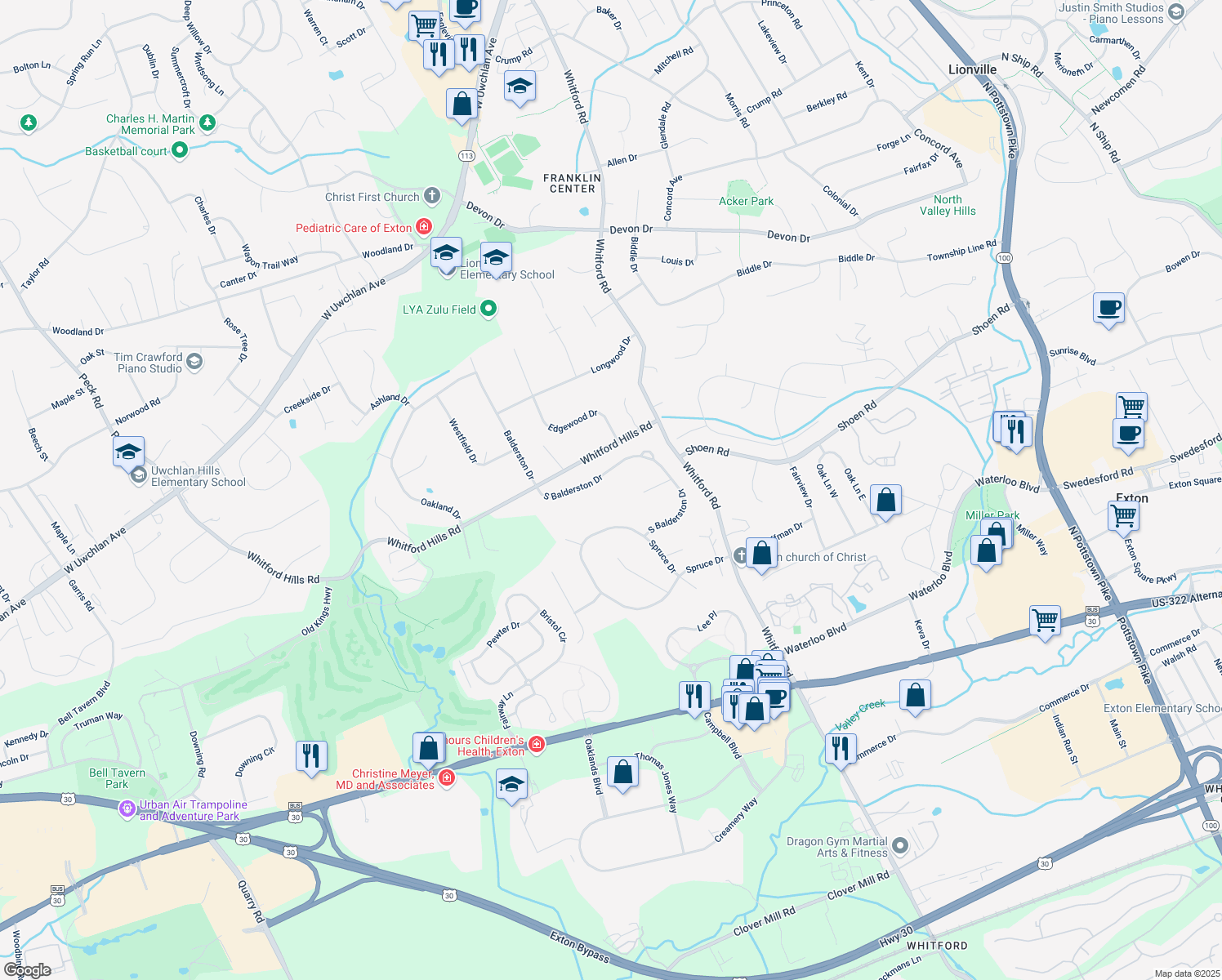 map of restaurants, bars, coffee shops, grocery stores, and more near 353 South Balderston Drive in Exton