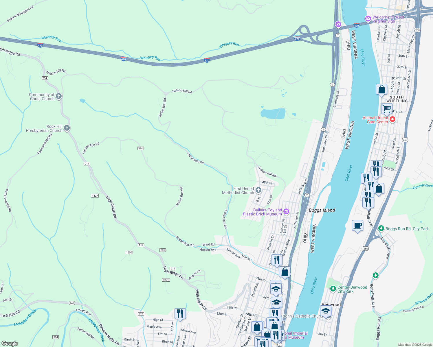 map of restaurants, bars, coffee shops, grocery stores, and more near 65381 Indian Run Road in Bellaire