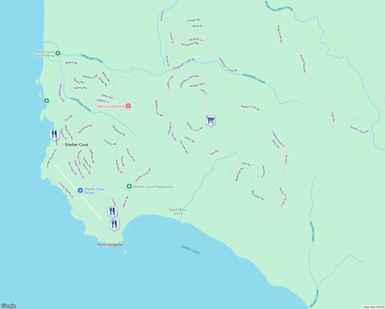 map of restaurants, bars, coffee shops, grocery stores, and more near 124 Parsons Road in Whitethorn
