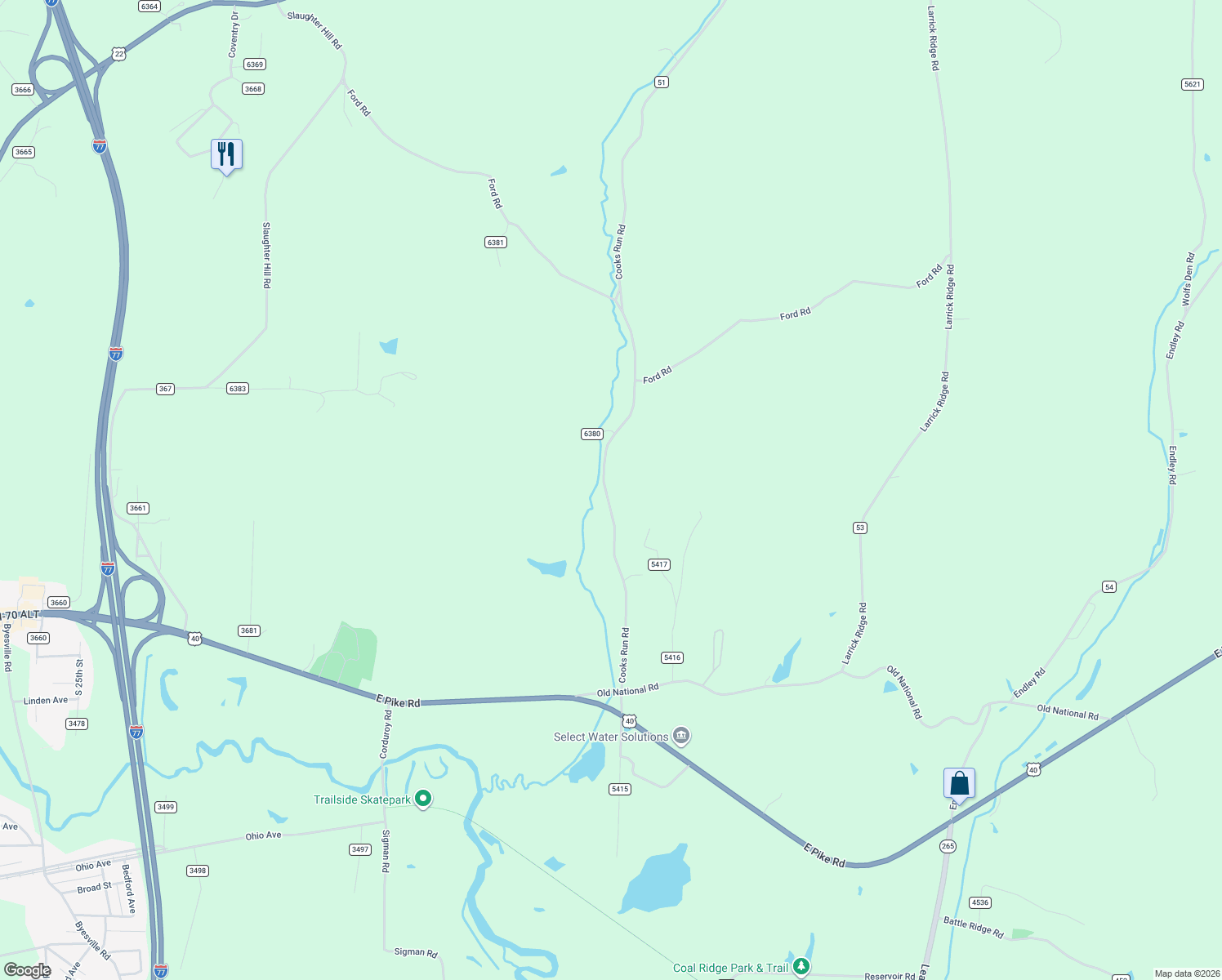 map of restaurants, bars, coffee shops, grocery stores, and more near 64168 Cooks Run Road in Cambridge