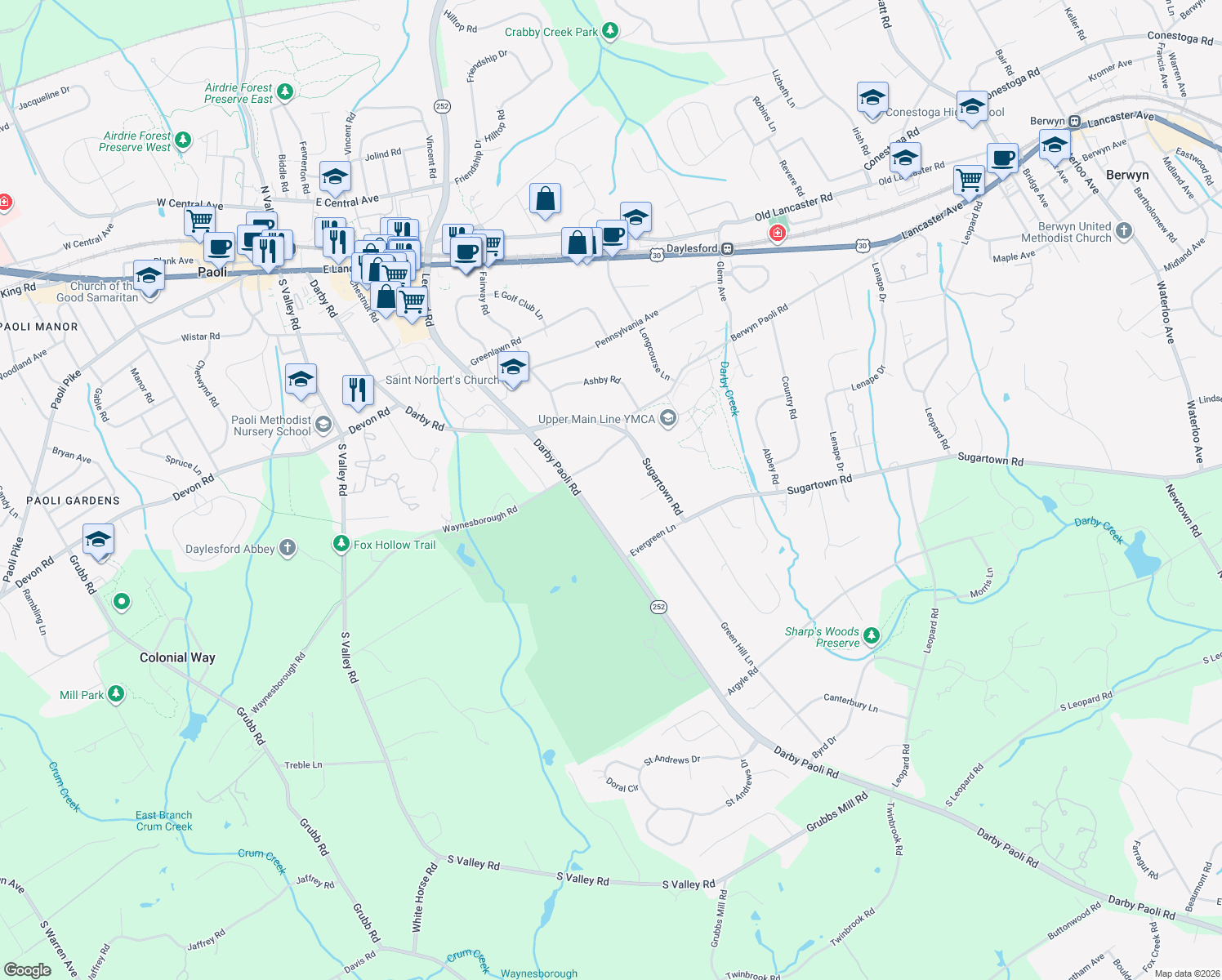 map of restaurants, bars, coffee shops, grocery stores, and more near 319 Darby Paoli Road in Paoli