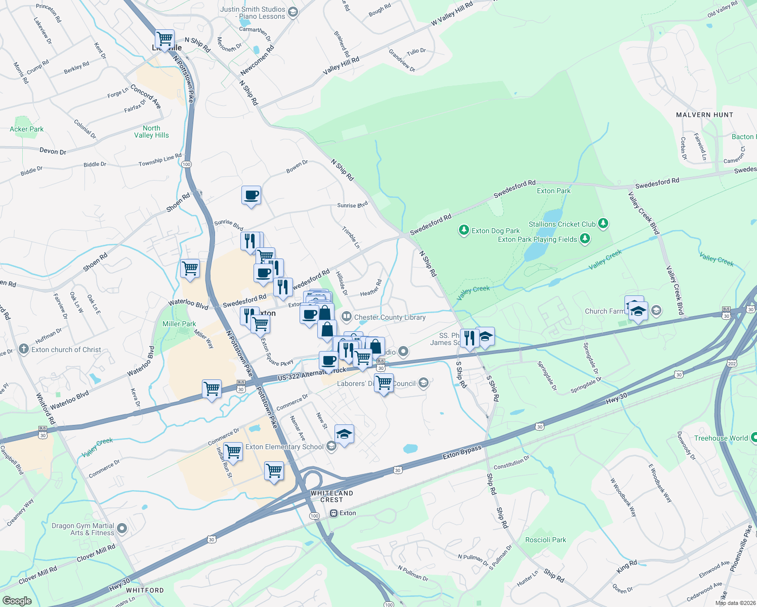 map of restaurants, bars, coffee shops, grocery stores, and more near 513 Winding Way in Exton
