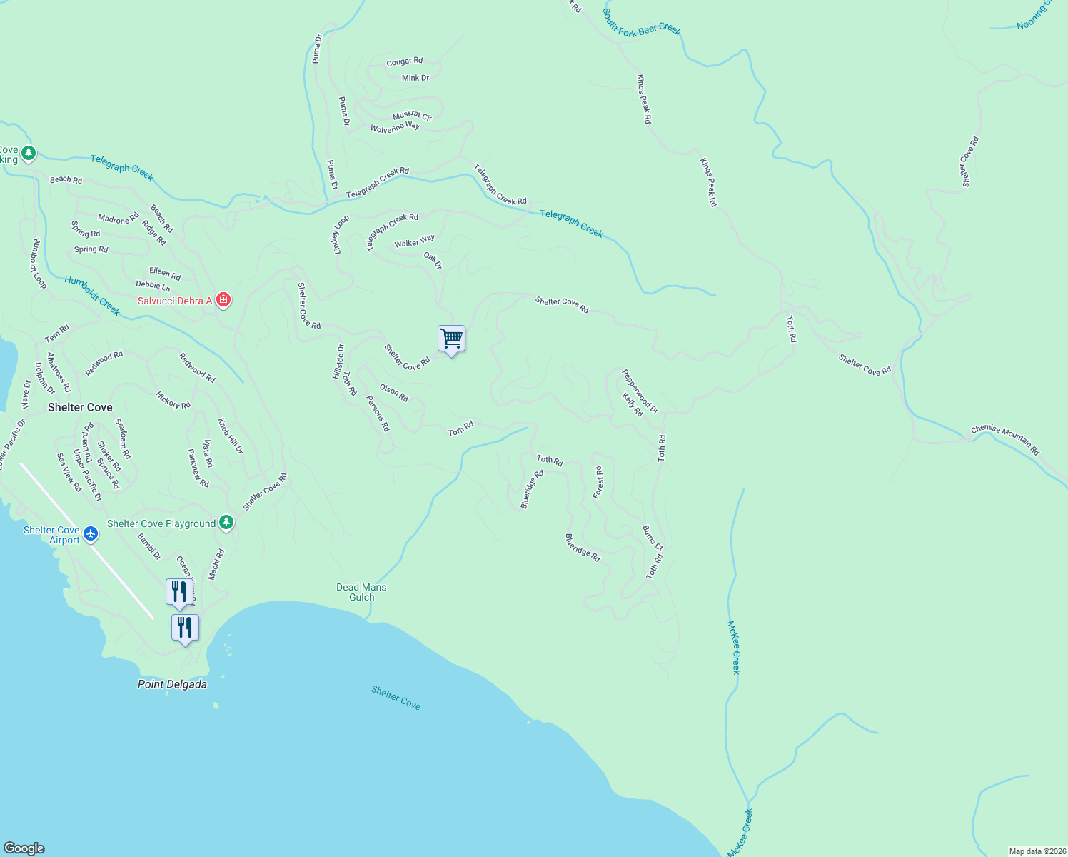 map of restaurants, bars, coffee shops, grocery stores, and more near 2215 Toth Road in Whitethorn
