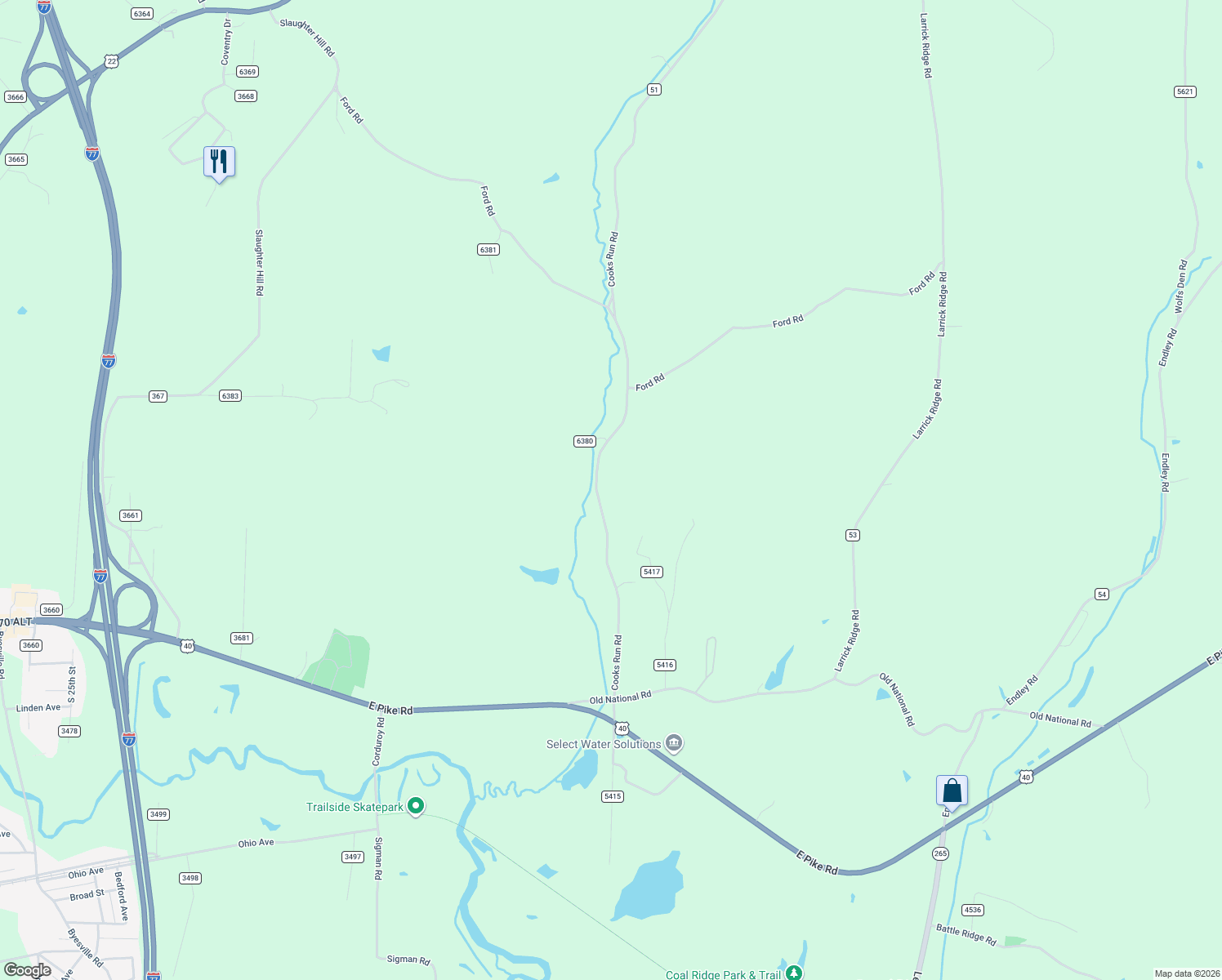 map of restaurants, bars, coffee shops, grocery stores, and more near 64168 Cooks Run Road in Cambridge
