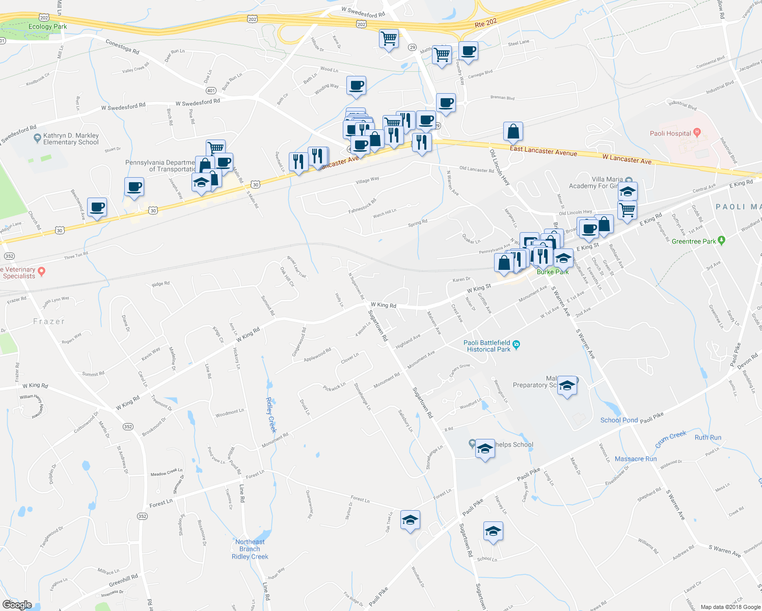 map of restaurants, bars, coffee shops, grocery stores, and more near 1208 Raintree Lane in Malvern