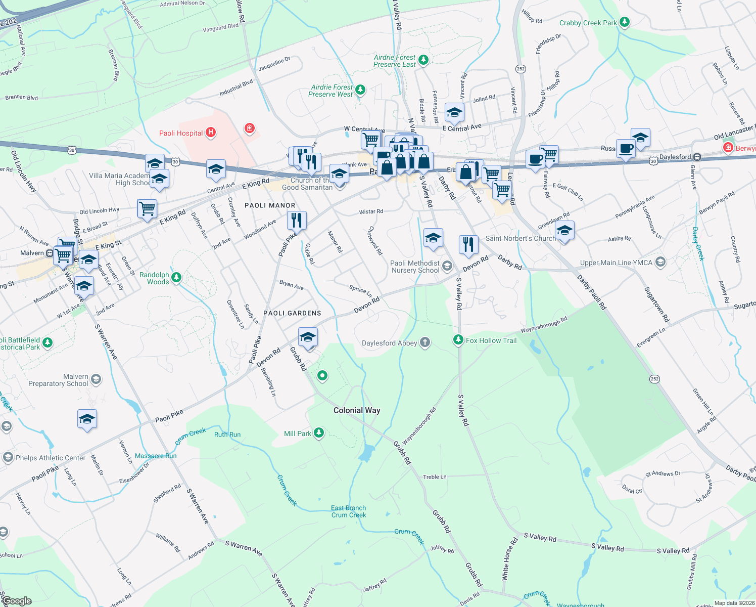 map of restaurants, bars, coffee shops, grocery stores, and more near 54 Devon Road in Malvern