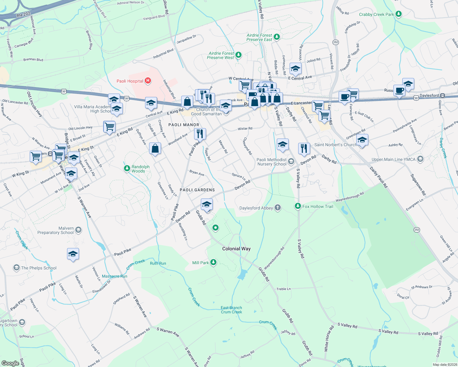 map of restaurants, bars, coffee shops, grocery stores, and more near 5 Devon Circle in Paoli
