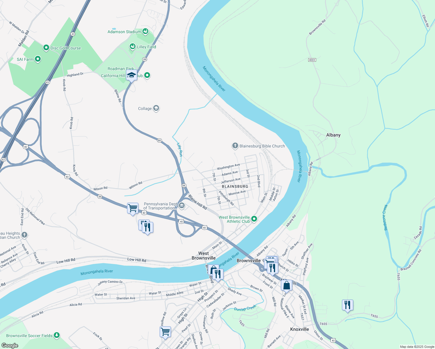 map of restaurants, bars, coffee shops, grocery stores, and more near 608 Adams Avenue in Brownsville