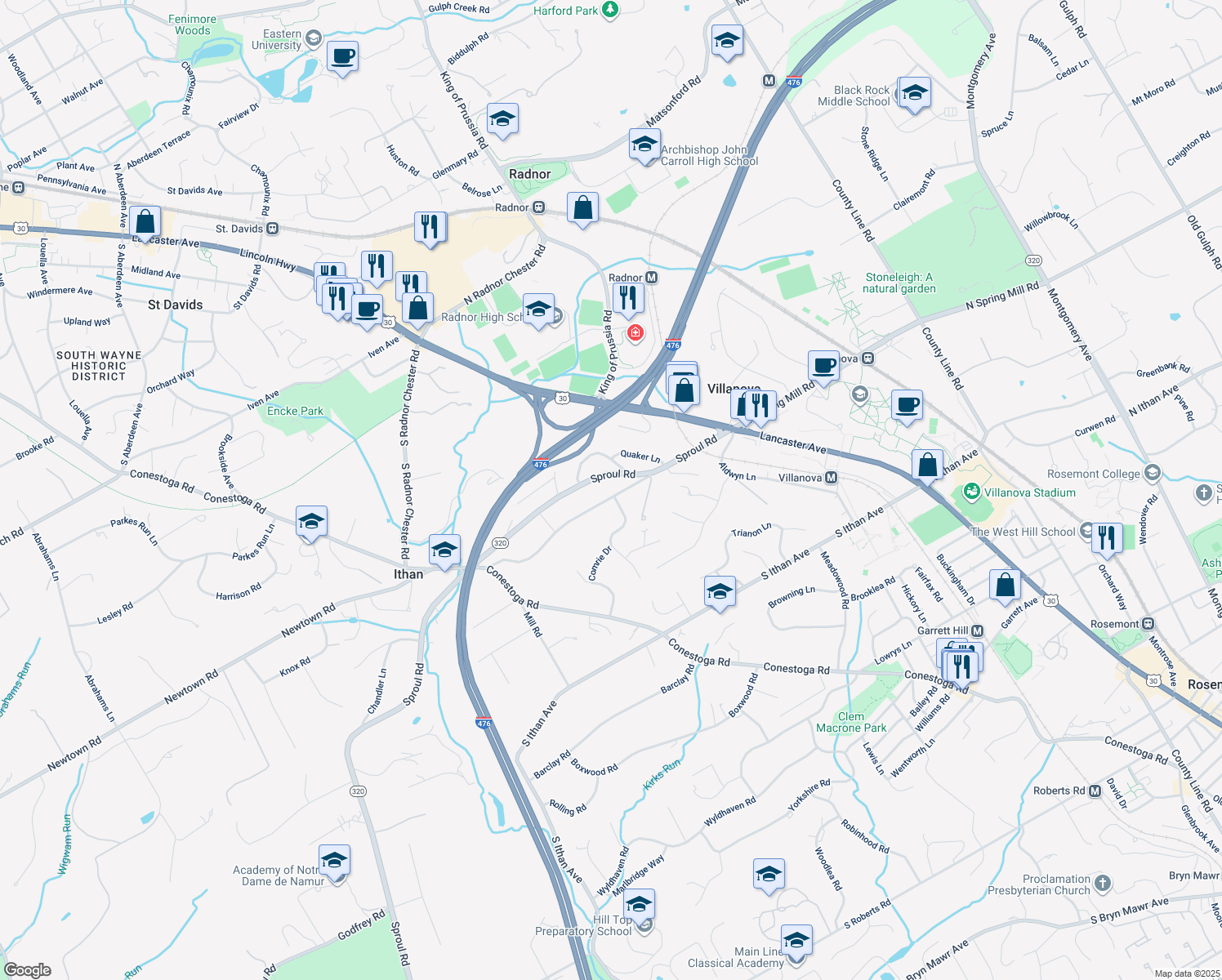 map of restaurants, bars, coffee shops, grocery stores, and more near 120 South Spring Mill Road in Villanova