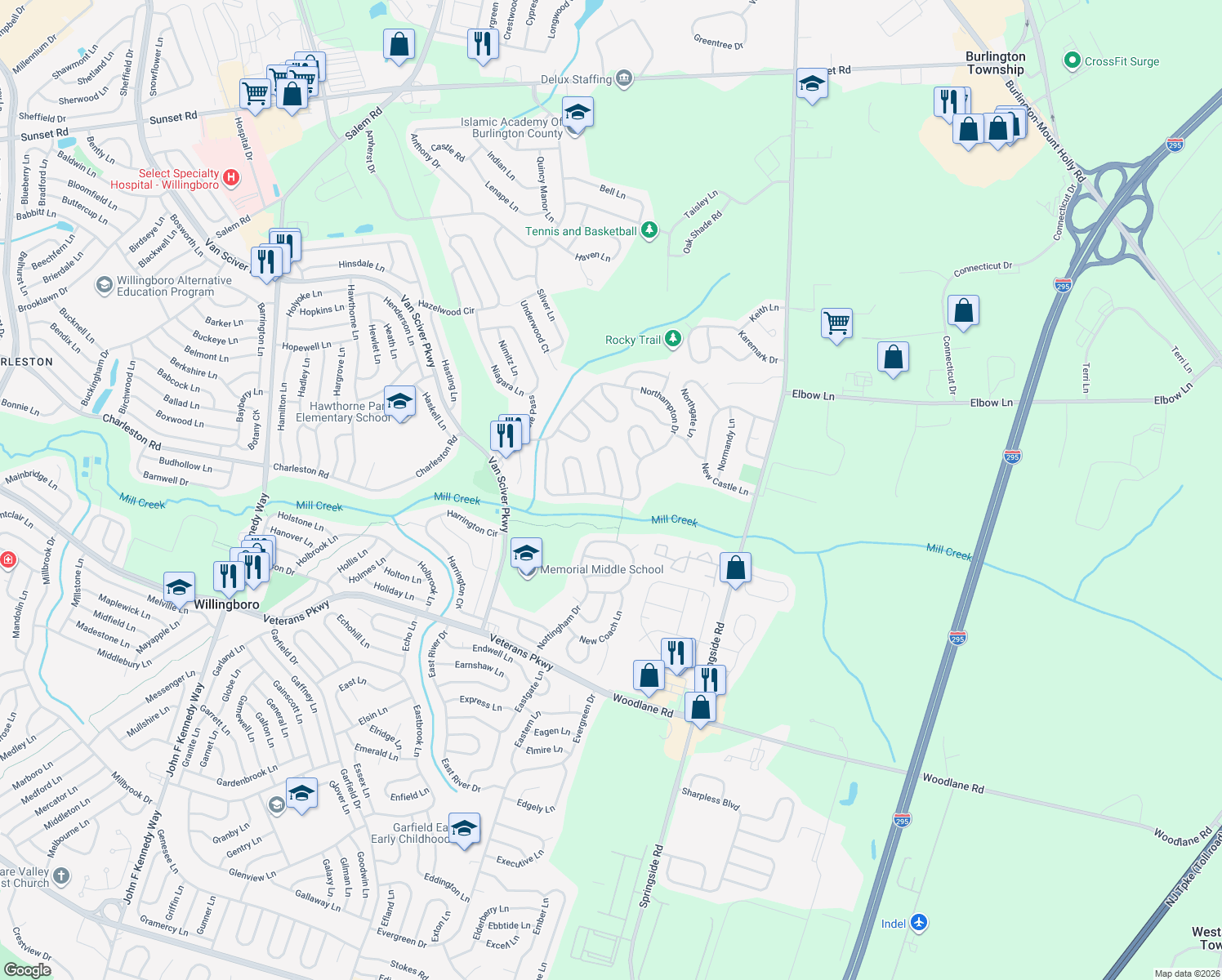 map of restaurants, bars, coffee shops, grocery stores, and more near 84 Northampton Drive in Willingboro