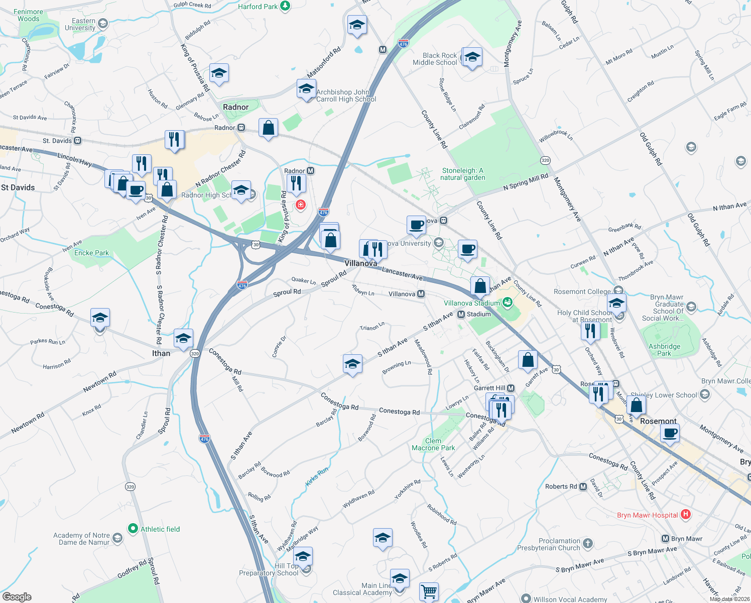 map of restaurants, bars, coffee shops, grocery stores, and more near 19 Villanova Road in Villanova