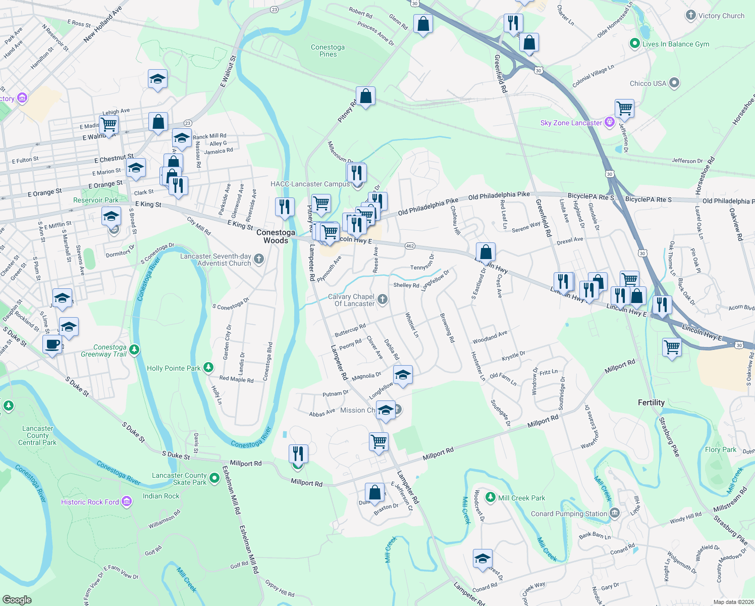 map of restaurants, bars, coffee shops, grocery stores, and more near 130 Tennyson Dr in Lancaster