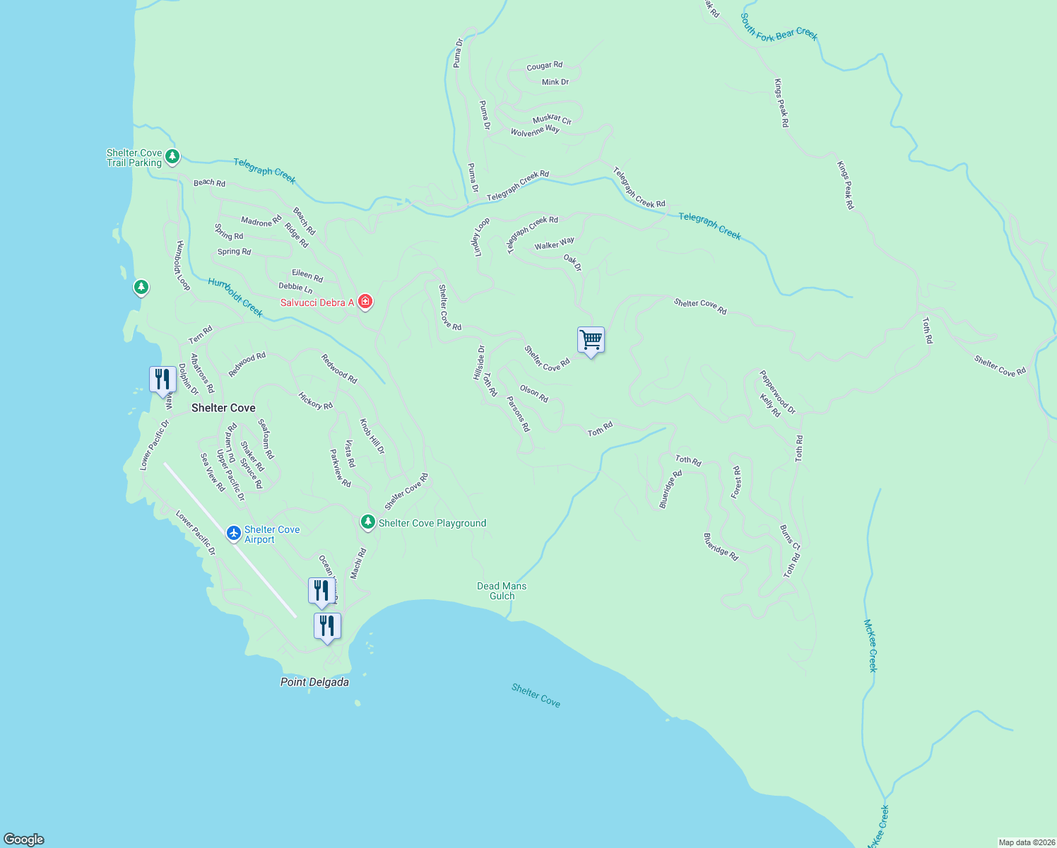 map of restaurants, bars, coffee shops, grocery stores, and more near 124 Parsons Road in Whitethorn