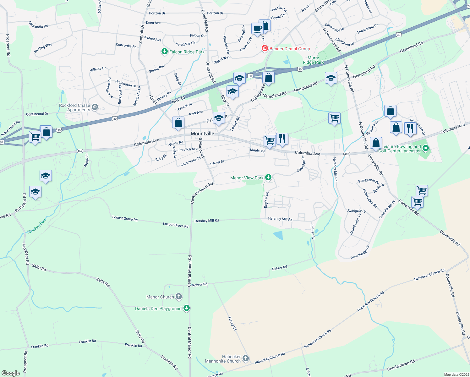 map of restaurants, bars, coffee shops, grocery stores, and more near 39 Wynwood Dr in Mountville