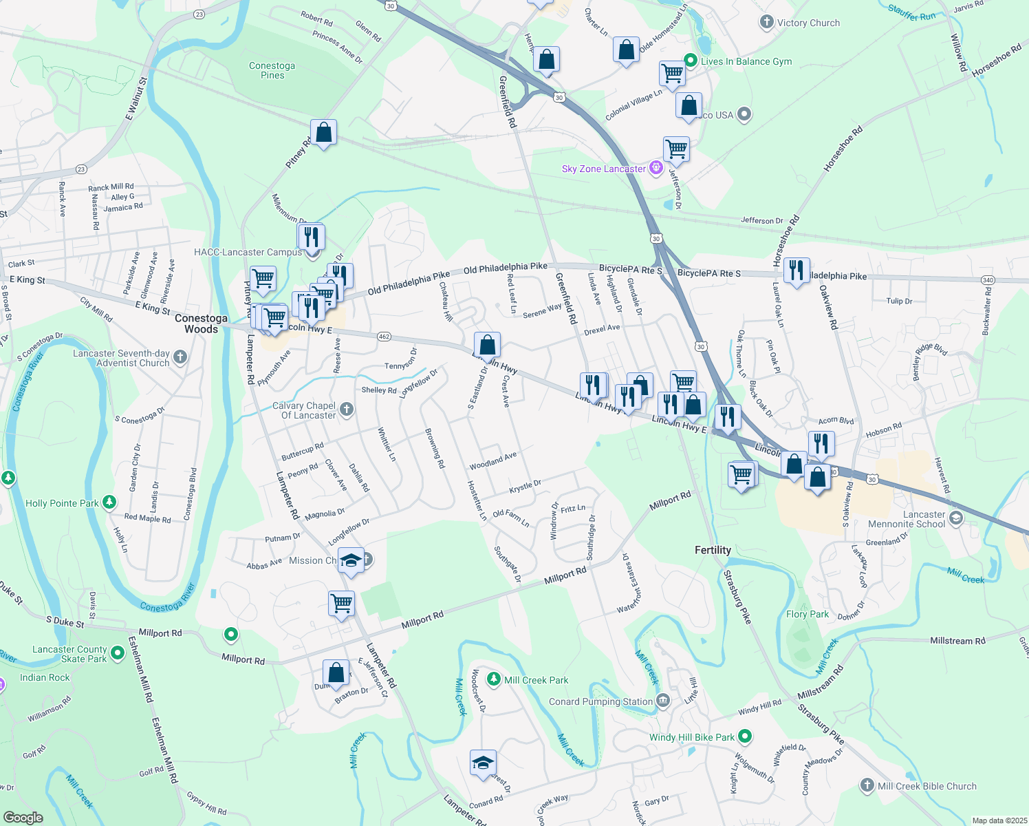 map of restaurants, bars, coffee shops, grocery stores, and more near 129 Crest Ave in Lancaster