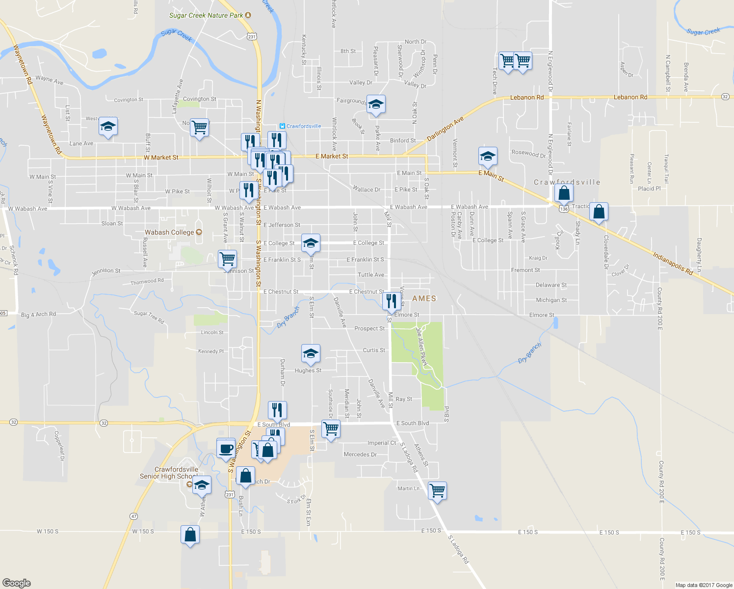 map of restaurants, bars, coffee shops, grocery stores, and more near 709 East Chestnut Street in Crawfordsville