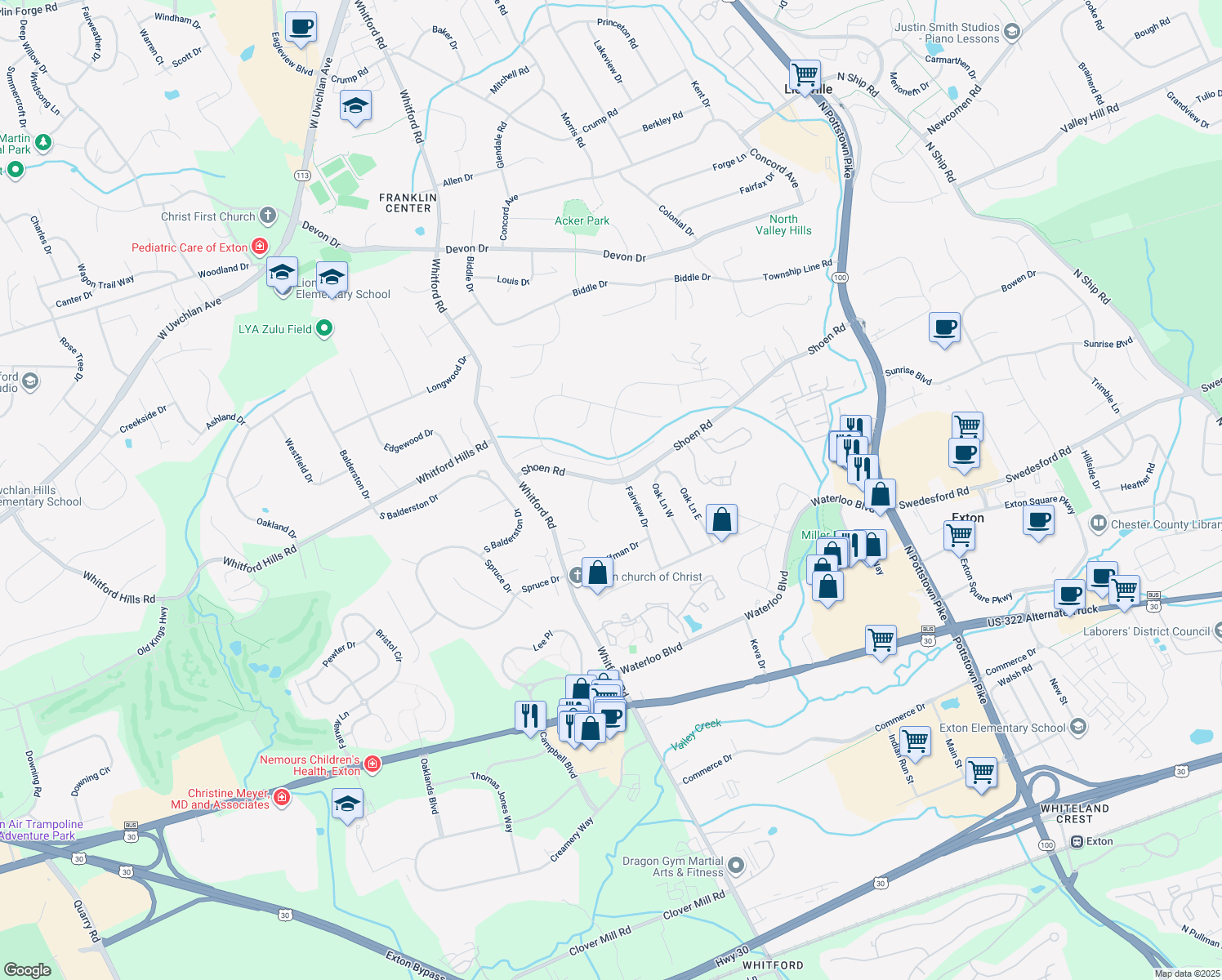 map of restaurants, bars, coffee shops, grocery stores, and more near 308 Shoen Road in Exton