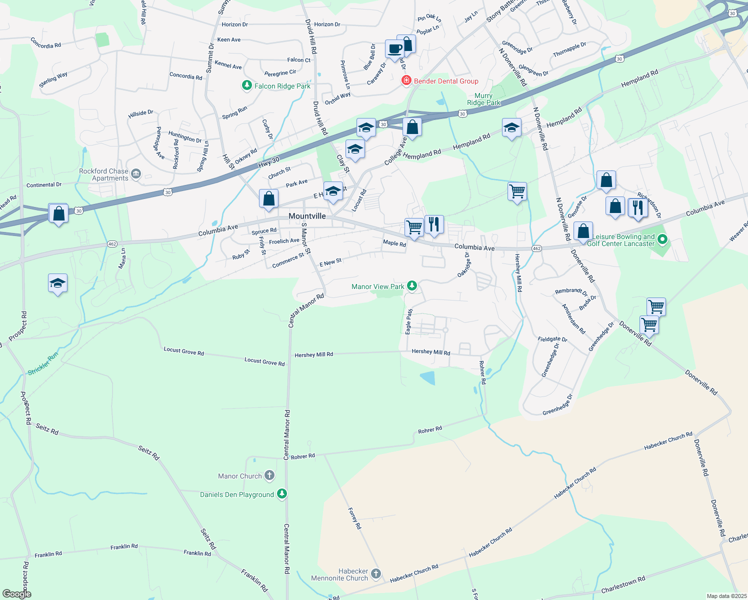 map of restaurants, bars, coffee shops, grocery stores, and more near 59 Wynwood Dr in Mountville