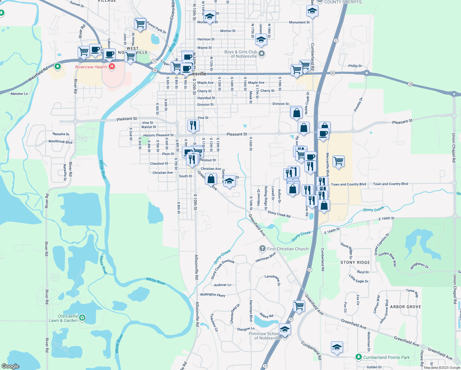 map of restaurants, bars, coffee shops, grocery stores, and more near 1408 Holland Street in Noblesville