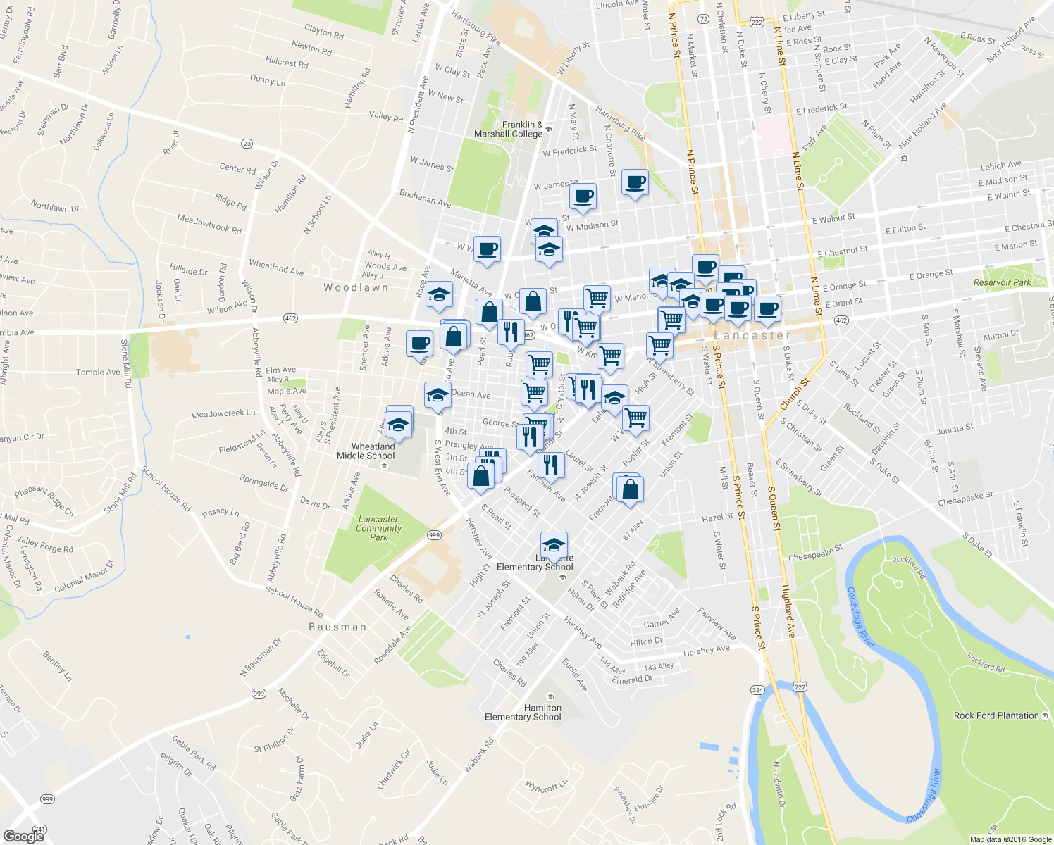 map of restaurants, bars, coffee shops, grocery stores, and more near 617 George Street in Lancaster