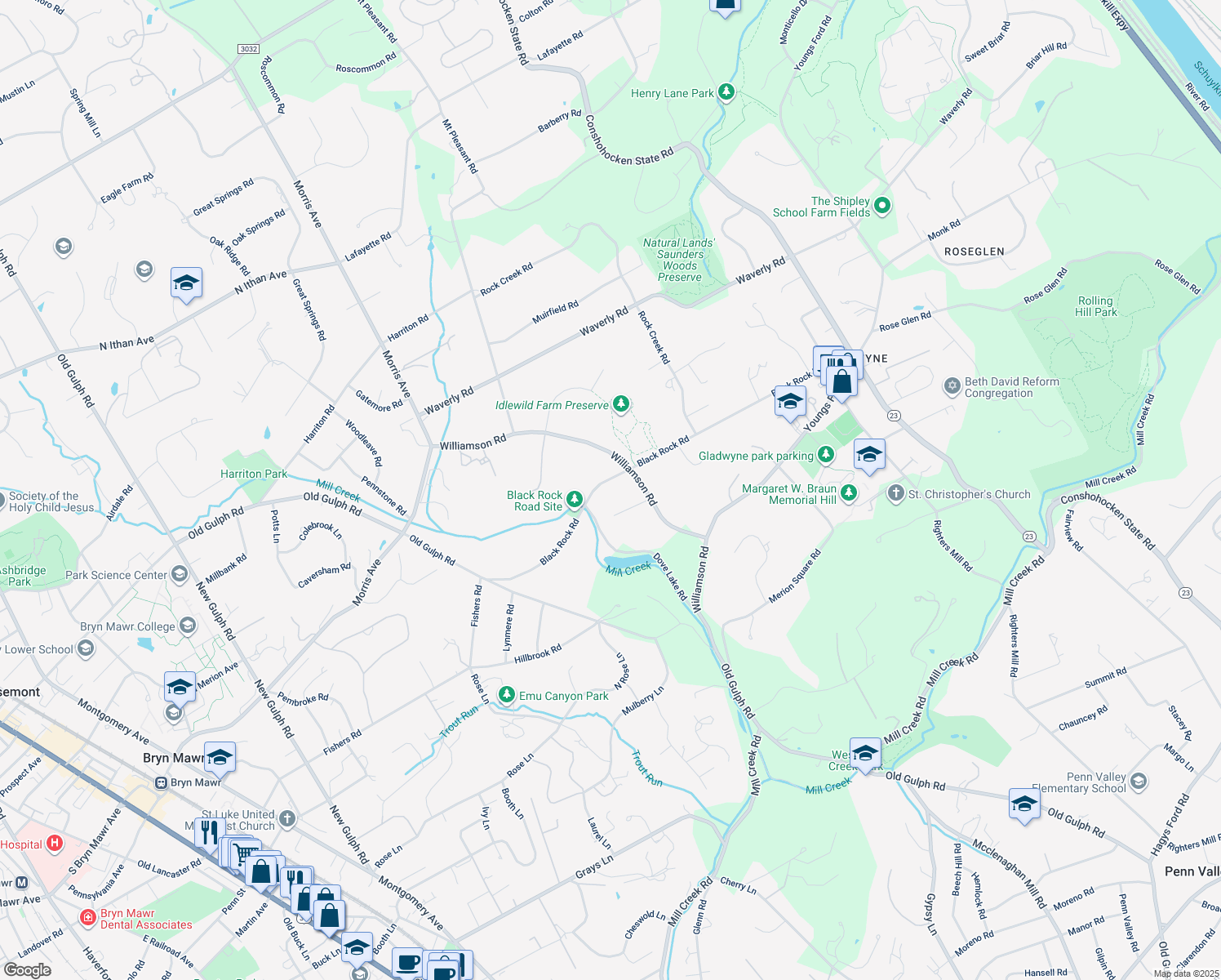 map of restaurants, bars, coffee shops, grocery stores, and more near 719 Black Rock Rd in Gladwyne