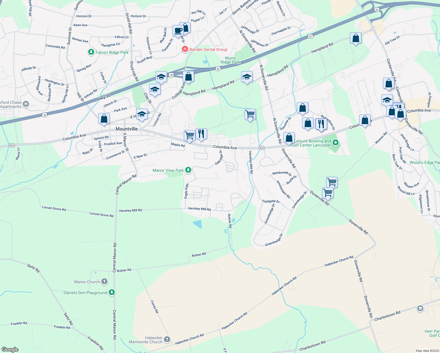 map of restaurants, bars, coffee shops, grocery stores, and more near 228 Eagle Path in Mountville