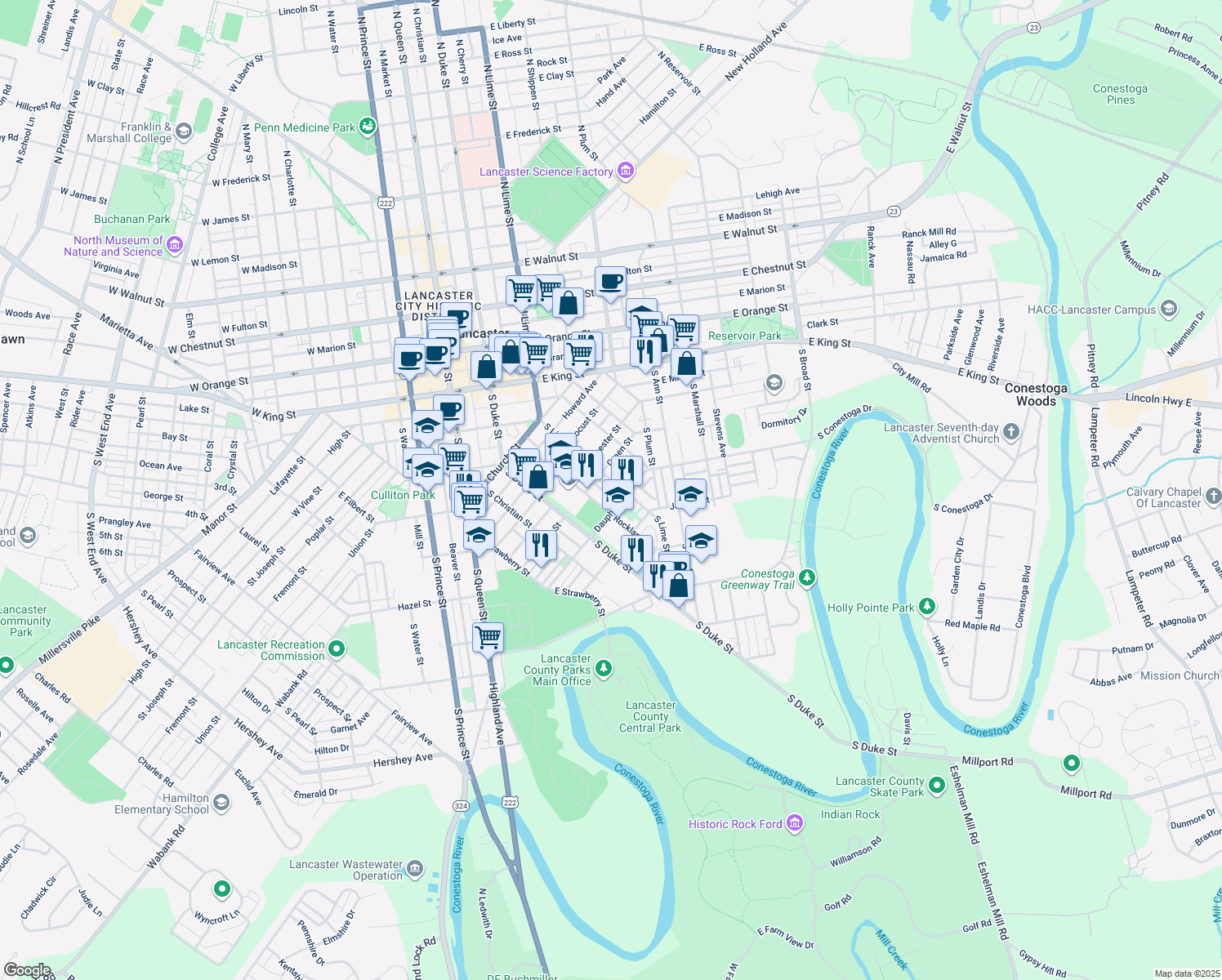 map of restaurants, bars, coffee shops, grocery stores, and more near 546 South Lime Street in Lancaster