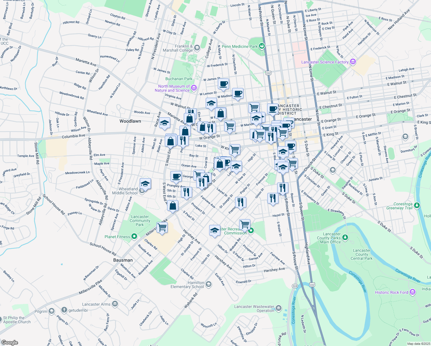 map of restaurants, bars, coffee shops, grocery stores, and more near 519 3rd Street in Lancaster