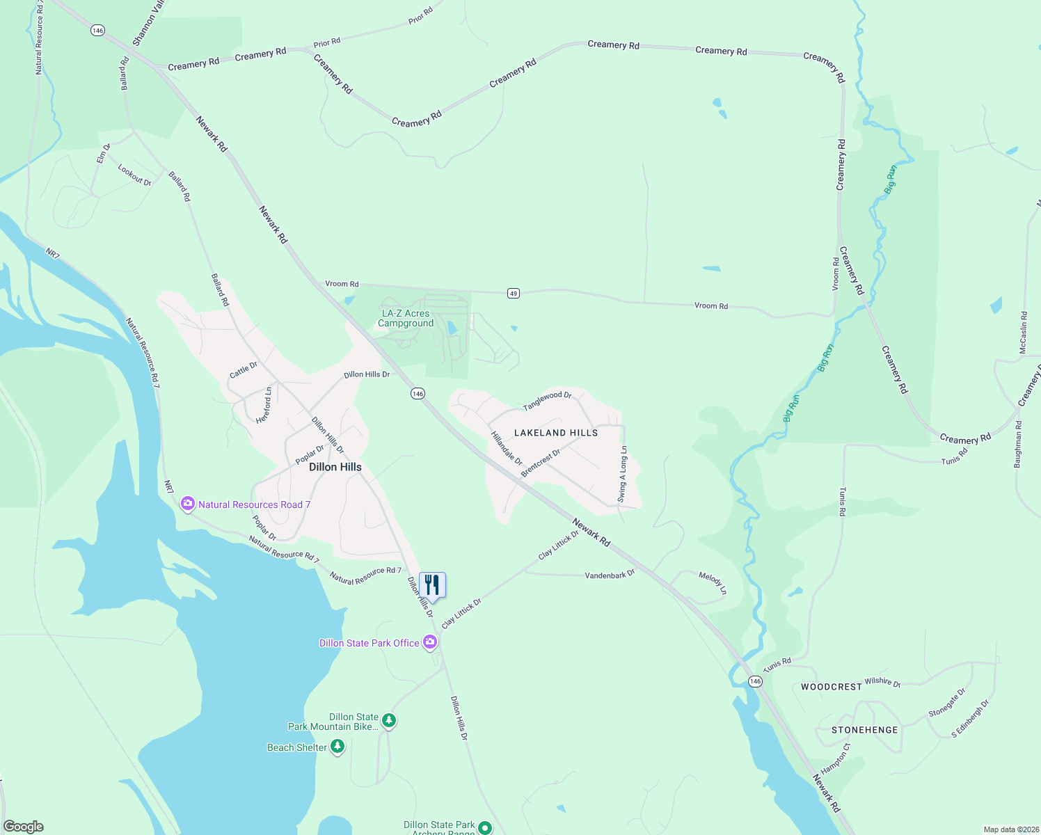 map of restaurants, bars, coffee shops, grocery stores, and more near 6355 Windsong Way in Nashport