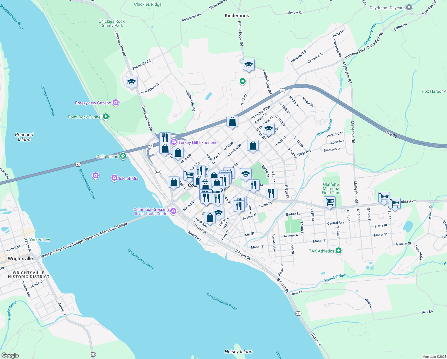 map of restaurants, bars, coffee shops, grocery stores, and more near 460 Walnut St in Columbia