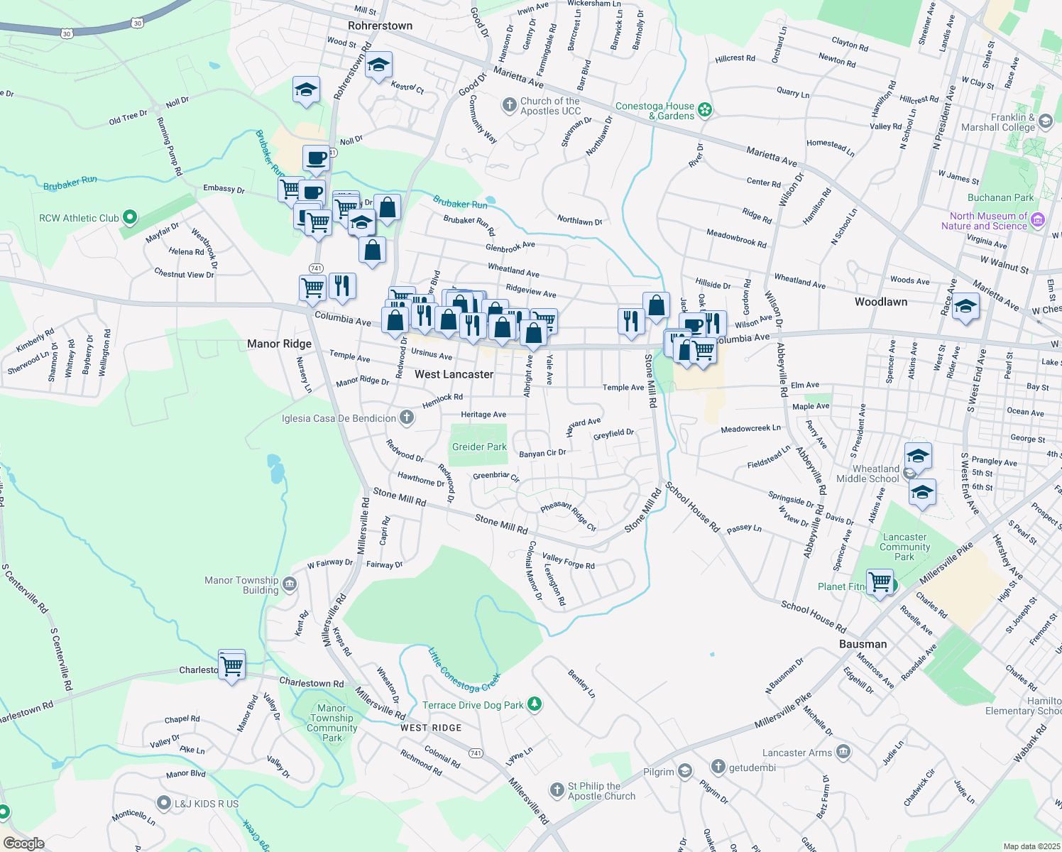 map of restaurants, bars, coffee shops, grocery stores, and more near 213 Albright Avenue in Lancaster