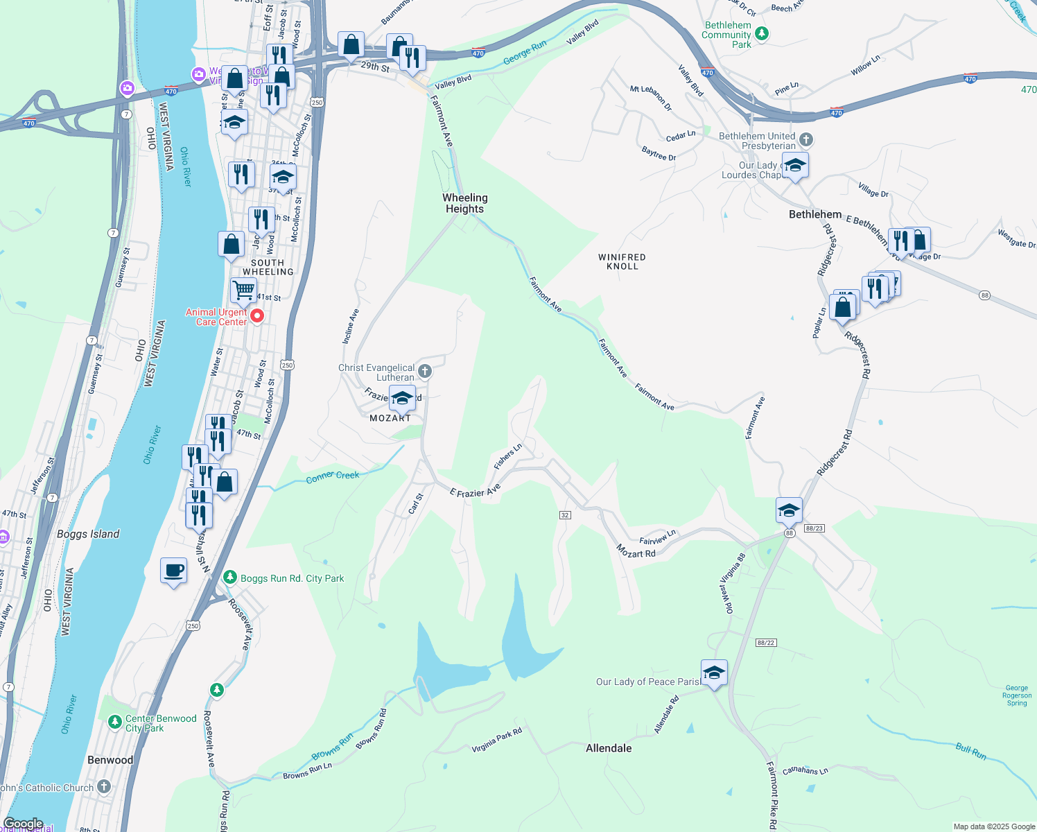 map of restaurants, bars, coffee shops, grocery stores, and more near 50 Hercules Lane in Wheeling